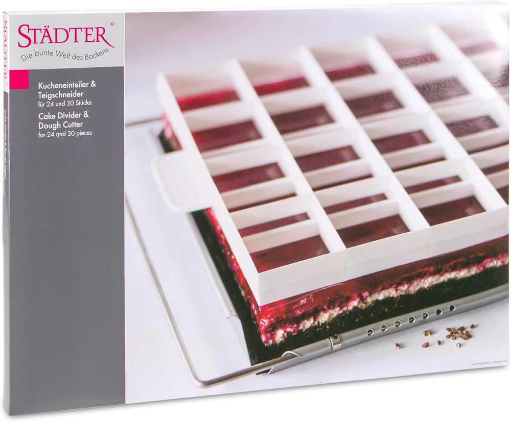 Divizor de prăjituri și tăietor de aluat STÄDTER pentru 24 sau 30 de bucăți, plastic alimentar, lavabil în mașina de spălat vase, utilizabil pe ambele părți