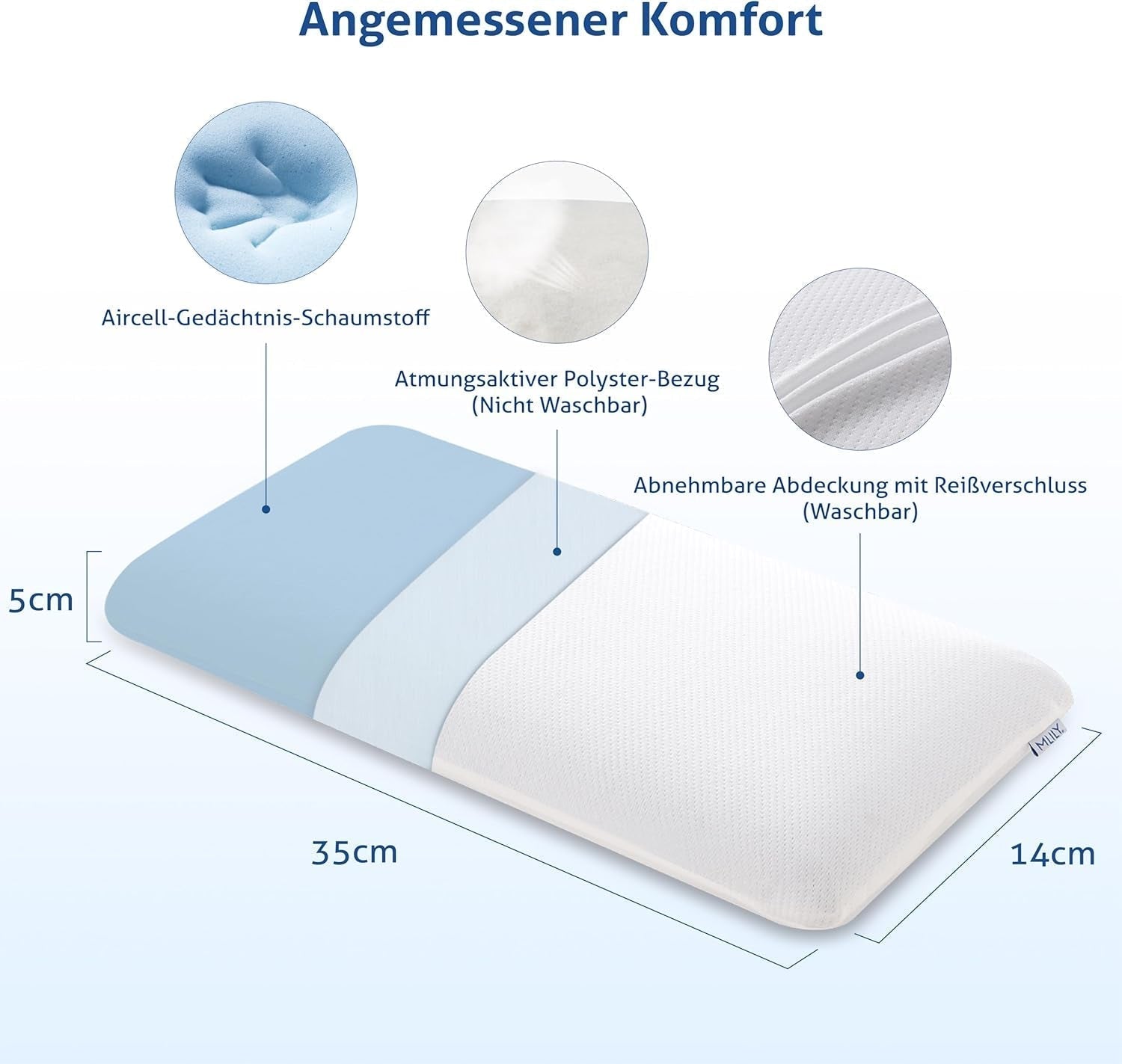 MLILY Pillow Essence 75X35 Cm Memory Foam Pillow, pernă ergonomică moale pentru susținerea gâtului cu spumă vâscoelastică albastră, ventilație respirabilă, capac lavabil, 35X75 Cm Perne standard Naty Shop