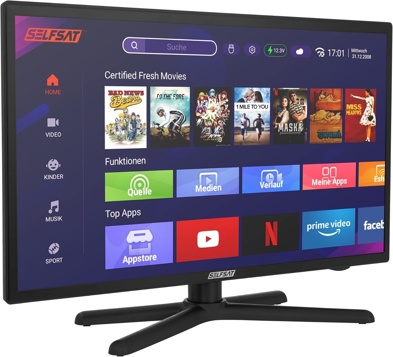 Televizor LED inteligent SELFSAT 1222 (55 cm/22") incl. tuner DVB-S2/C/T2 HD cu WLAN și Bluetooth