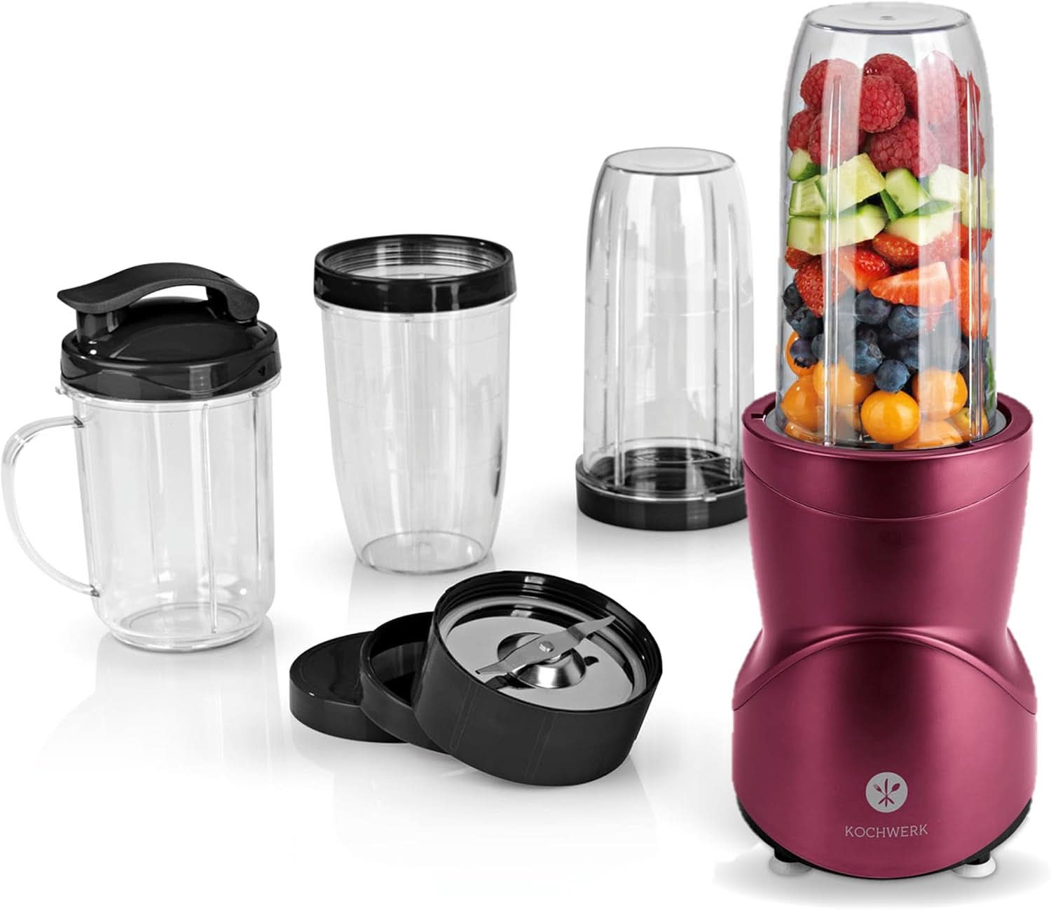Smoothie Maker 12-Tlg | To-Go Deckel & 4 Mixbeholdere | Für Obst, Gemüse & Nüsse | Myte Ice-Crush Funktion | Mini-Standmixer Zum Mixen, Rühren, Zerkleinern, Mahlen, Hacken & Pürieren | BPA-frit køkken Naty Shop Rot