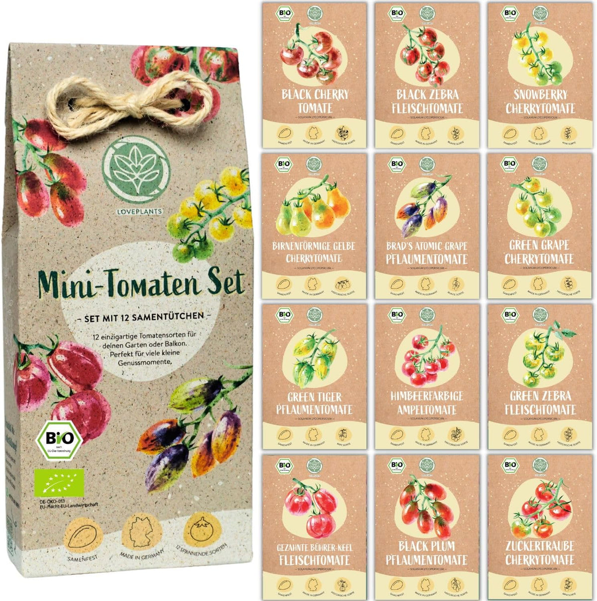 Økologisk mini tomatfrøsæt: 12 sorter af frit dyrkede tomater | Sjælden og familie cocktail, kirsebær og oksekød tomatfrø | Grøntsagsfrø til altan, højbed, have og gave | Kærlighedsplanter