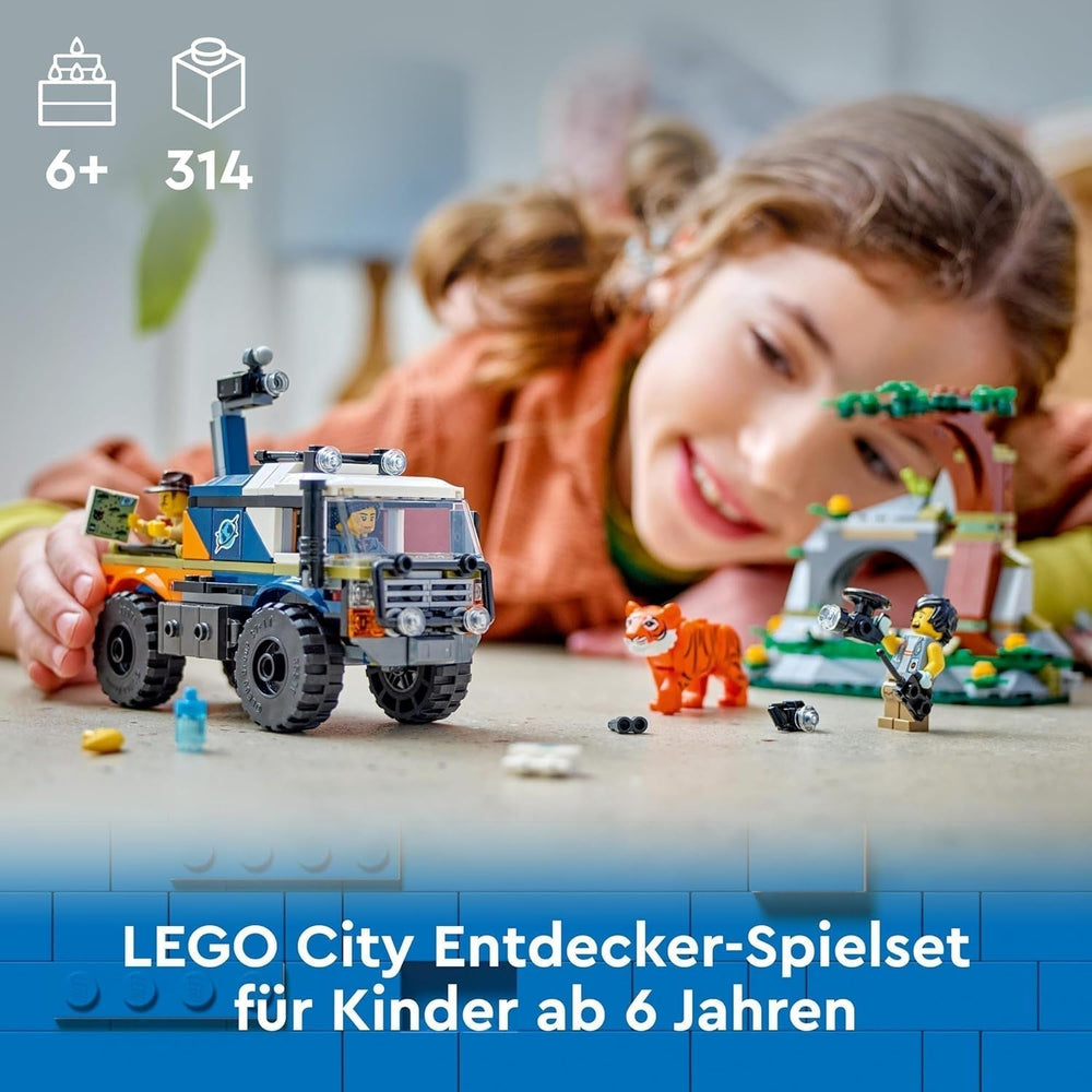 Camion LEGO City Jungle Explorer, set de construit și jucat pentru copii de peste 6 ani, cadou grozav pentru ziua de naștere, camion de jucărie, cu 3 minifigurine Adventurer și tigru 60426 Seturi de constructie Besuche den LEGO-Store