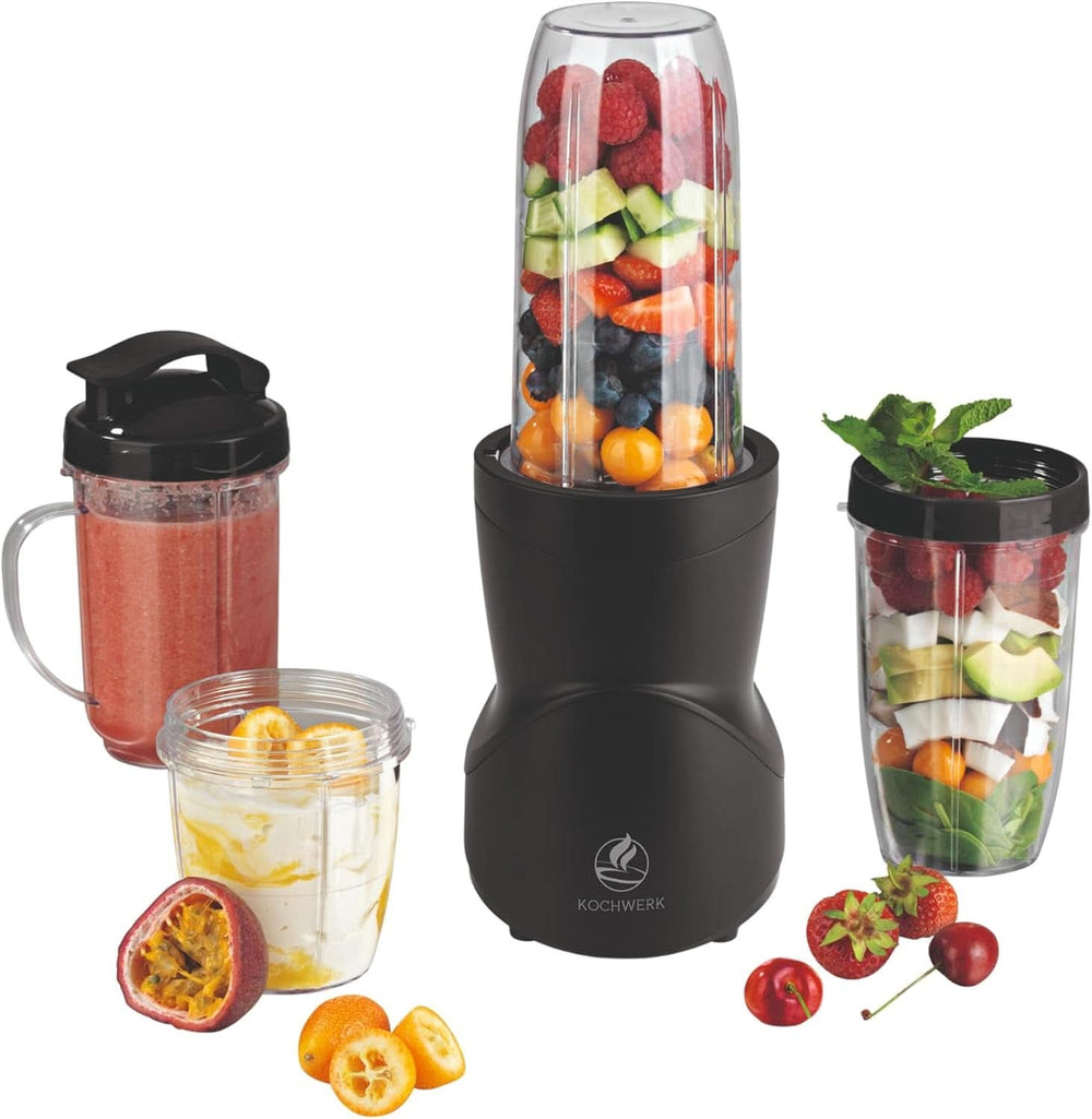 Smoothie Maker 12-Tlg | To-Go Deckel & 4 Mixbeholdere | Für Obst, Gemüse & Nüsse | Myte Ice-Crush Funktion | Mini-Standmixer Zum Mixen, Rühren, Zerkleinern, Mahlen, Hacken & Pürieren | BPA-frit køkken Naty Shop Schwarz