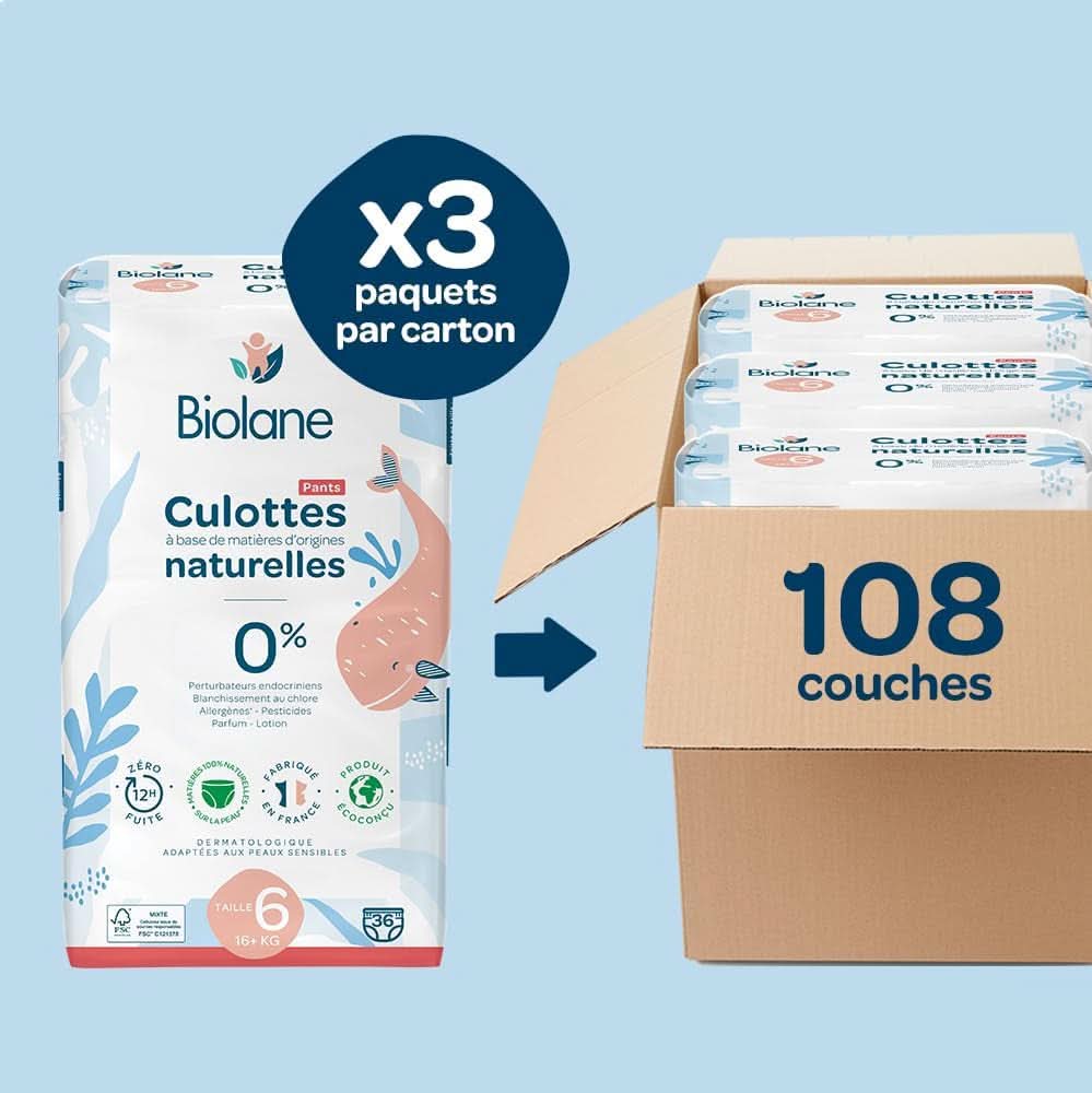 BIOLANE - Blebukser - Størrelse 6 (16 + kg) - Ingen utætheder i 12 timer - 1 måneds pakke - 108 bleer - Ecologic Mother and Child Naty Shop