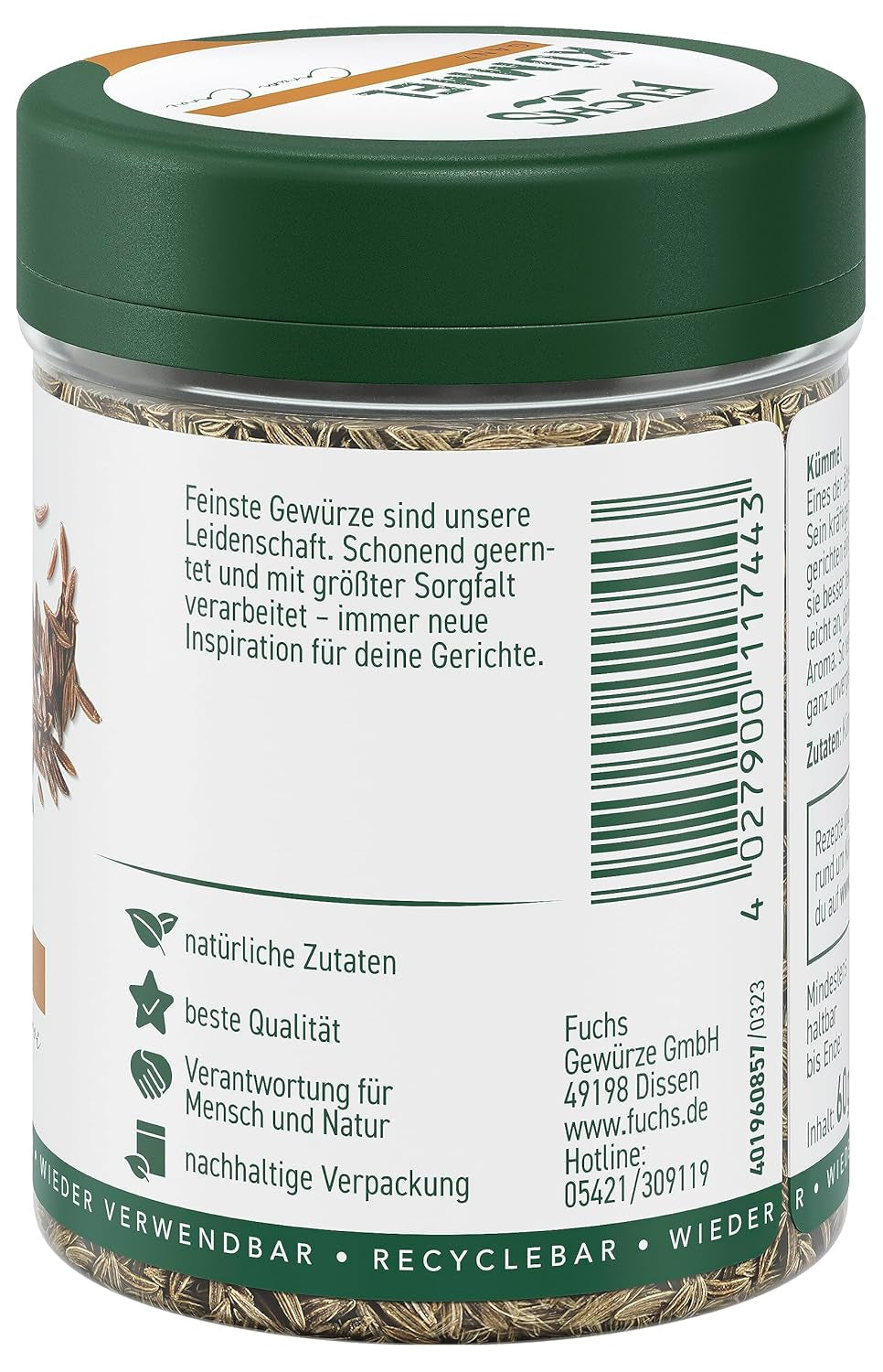 Fuchs Gewürze - Kümmel ganz - kräftiges Gewürz für Kohl- und Fleischgerichte oder zu Bratkartoffeln - naturlig Ingrediens - 60 g i wiederverwendbarer, genbrugsbarer Dosis