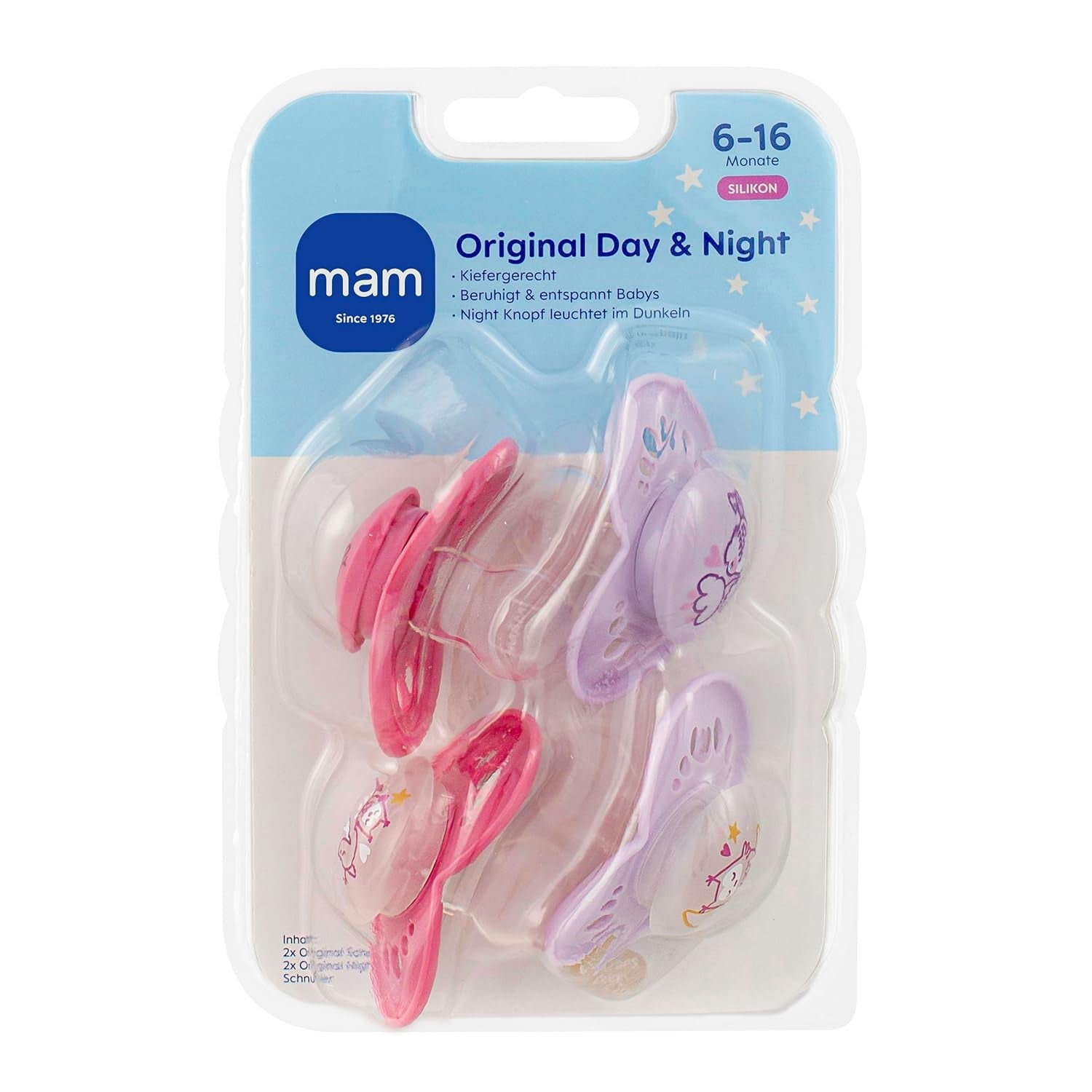 Suzete MAM Original Day & Night Matt | 6-16 luni | Set suzetă | Acceptare 94% | Ajută la prevenirea alinierii dinților nedoriți | Dezvoltate împreună cu dentiști | Silicon SkinSoft | Model pasăre/bufniță | Pachet de 4