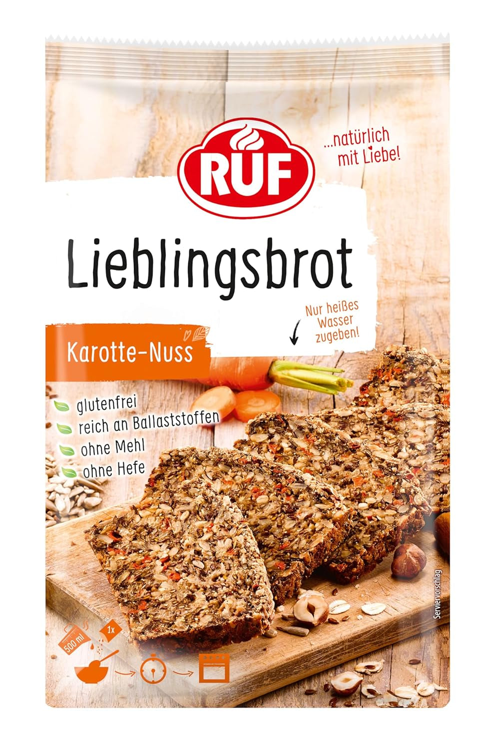 RUF Lieblingsbrot Protein, Brot-Backmischung, Brotmischung, Brotteig-Mischung, Proteinreiches Brot, Glutenfrei, Ohne Mehl & Hefe, 1 X 500G Naty Shop 600 G (1Er Pakke) Karotte Nuss