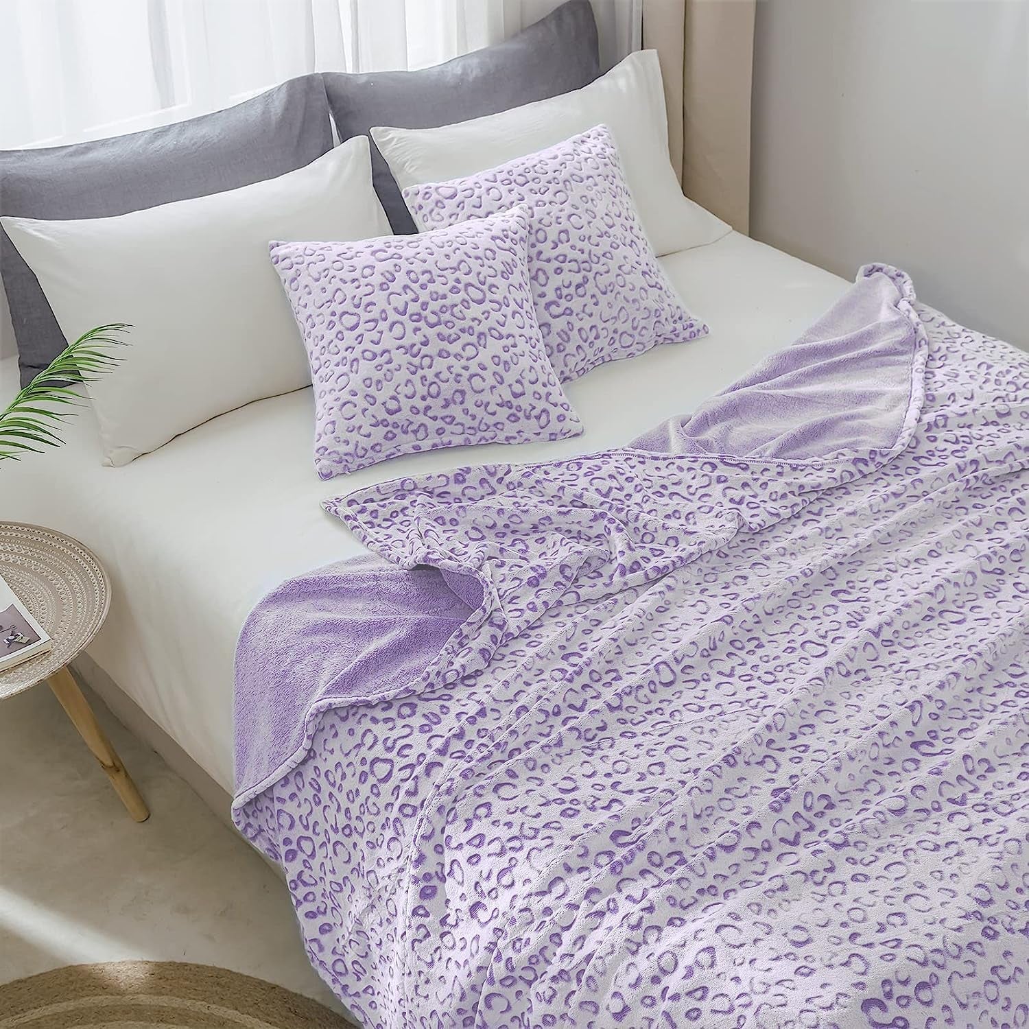 FY FIBER HOUSE flannel fleecekast, mikrofibertæppe med 3D gepard print, 228 X 274 cm, lilla Dyner og dyner Naty Shop