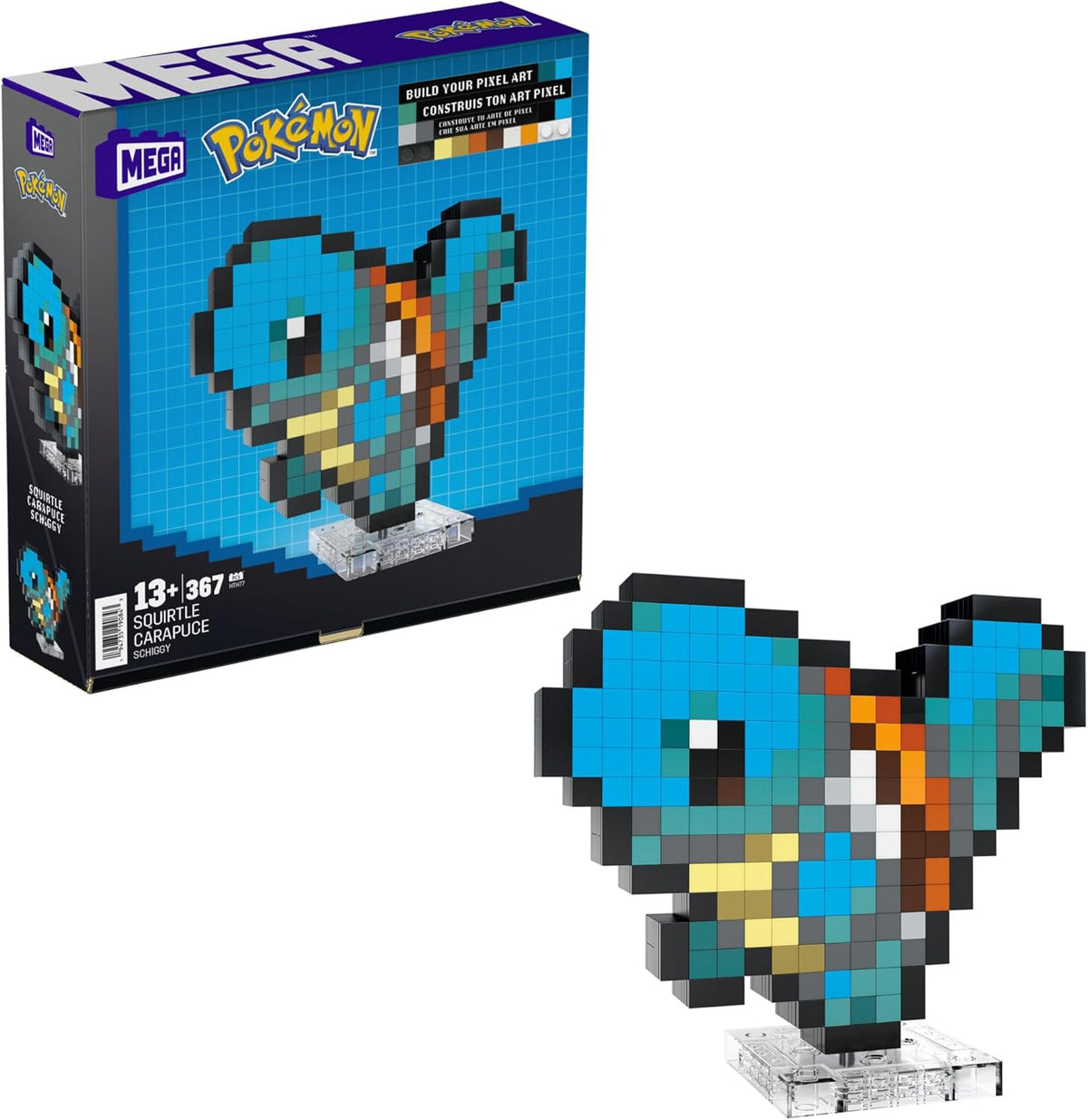 MEGA Pokémon Schiggy - sammenbygget figur i retro-look, Pixel Art, 15 cm stor, inklusive Basis zur Wallmontage, for Erwachsen og erfahren Sammler, HTH77