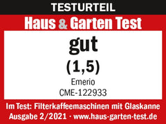 Emerio CME-122933, Cafetieră cu filtru, 1,25 l pentru până la 10 cești de cafea proaspătă, filtru permanent detașabil, funcție anti-picurare, carafă din sticlă, oprire automată, 1000 wați, negru/argintiu