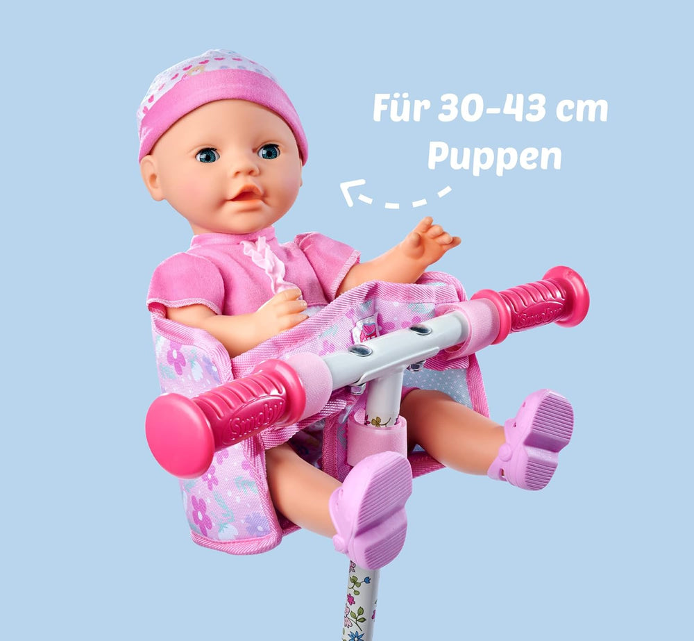 Simba 105560018 - Scaun de bicicletă pentru nou-născuți cu centură, accesoriu pentru păpușă, scaun din material textil, centură de siguranță, ghidon cu velcro, pentru păpuși de 30-43 cm, vârste 3+