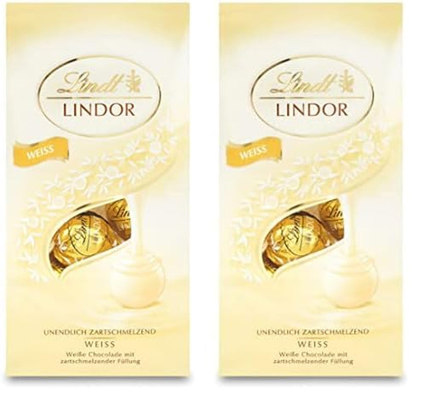 Lindt hvide chokoladekugler LINDOR | 137g pose | Ca. 10 hvide chokoladekugler med smelte-i-mund-fyld | Chokolade gavesæt | Chokoladegavesæt (pakke med 2)