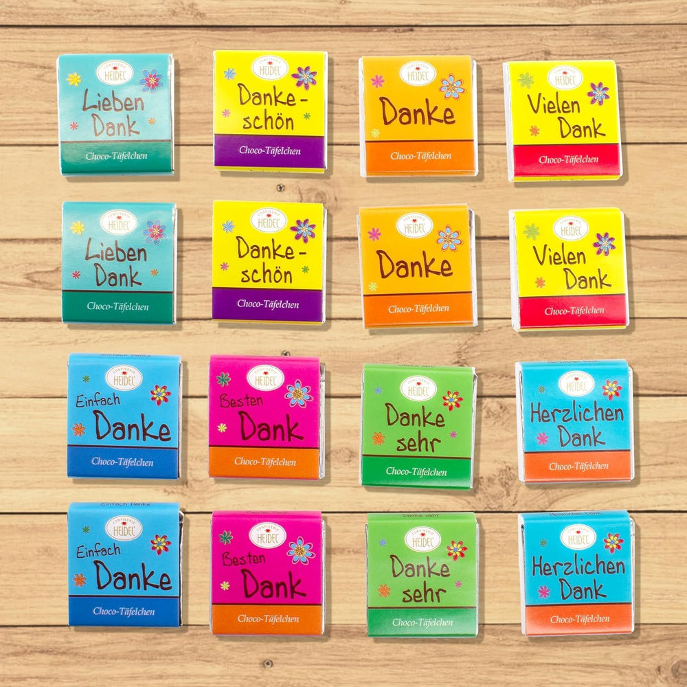 Heidel Thank You mælkechokoladebarer 3x80g, 16 minibarer á 5g pr. pakke, Forskellige udtryk for taknemmelighed, Udsøgt gaveidé