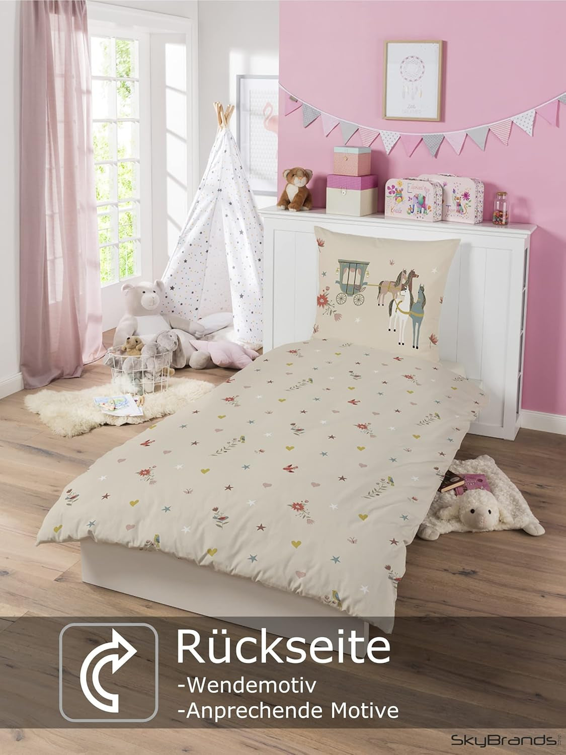 Skybrands Bettwäsche Prinzessin 135X200 [Mit Beutel] Einhorn Mädchen Bettwäsche Baumwolle 2 TLG. 1X Bettbezug 1X Kissenbezug Naty Shop
