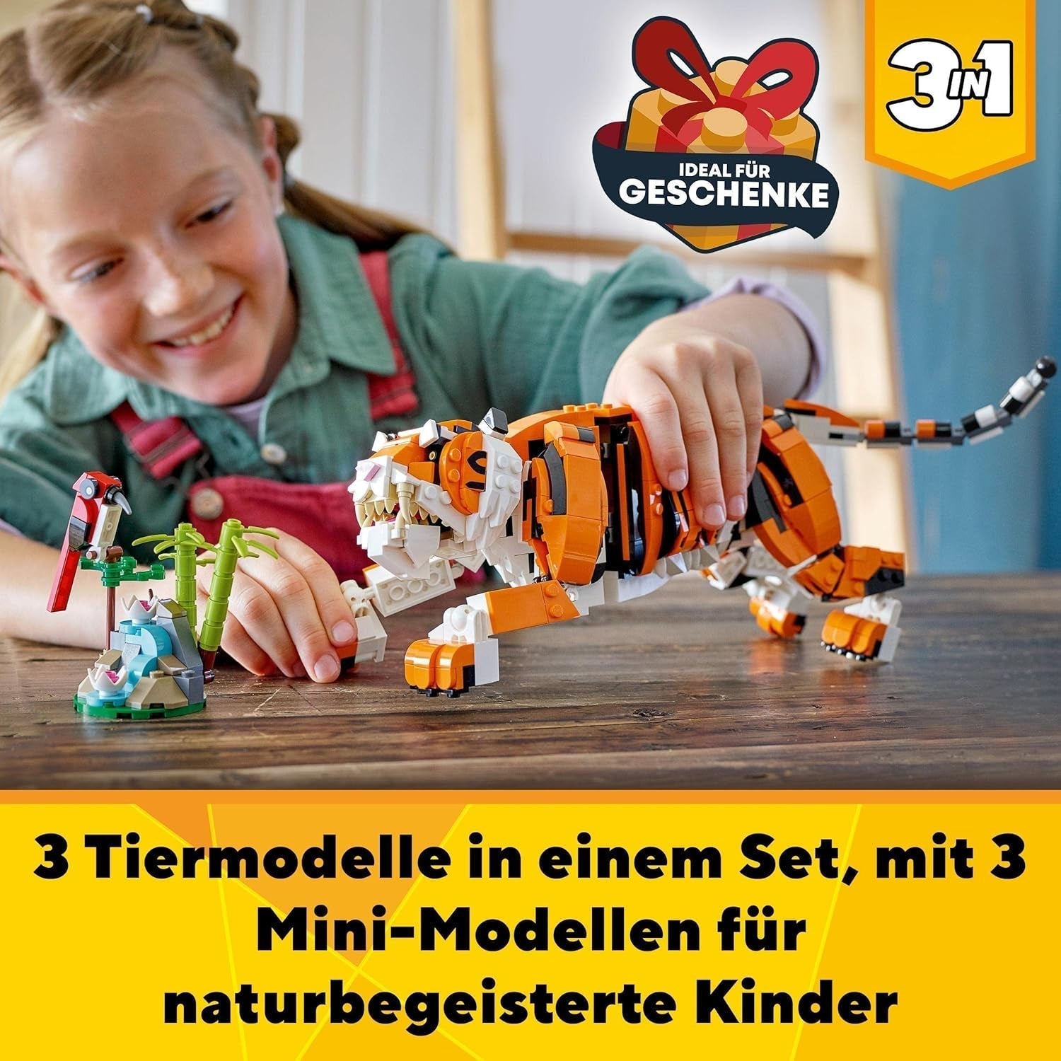 LEGO 31129 Creator Majestic Tiger, Panda eller Fish 3-i-1 Dyrefigursæt Legetøj til børn Drenge og piger Dyrebyggelegetøjsbyggesæt Besuche den LEGO-Store