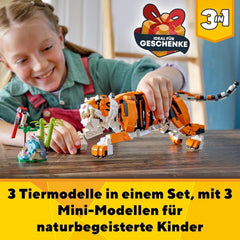 LEGO 31129 Creator Majestic Tiger, Panda eller Fish 3-i-1 Dyrefigursæt Legetøj til børn Drenge og piger Dyrebyggelegetøjsbyggesæt Besuche den LEGO-Store