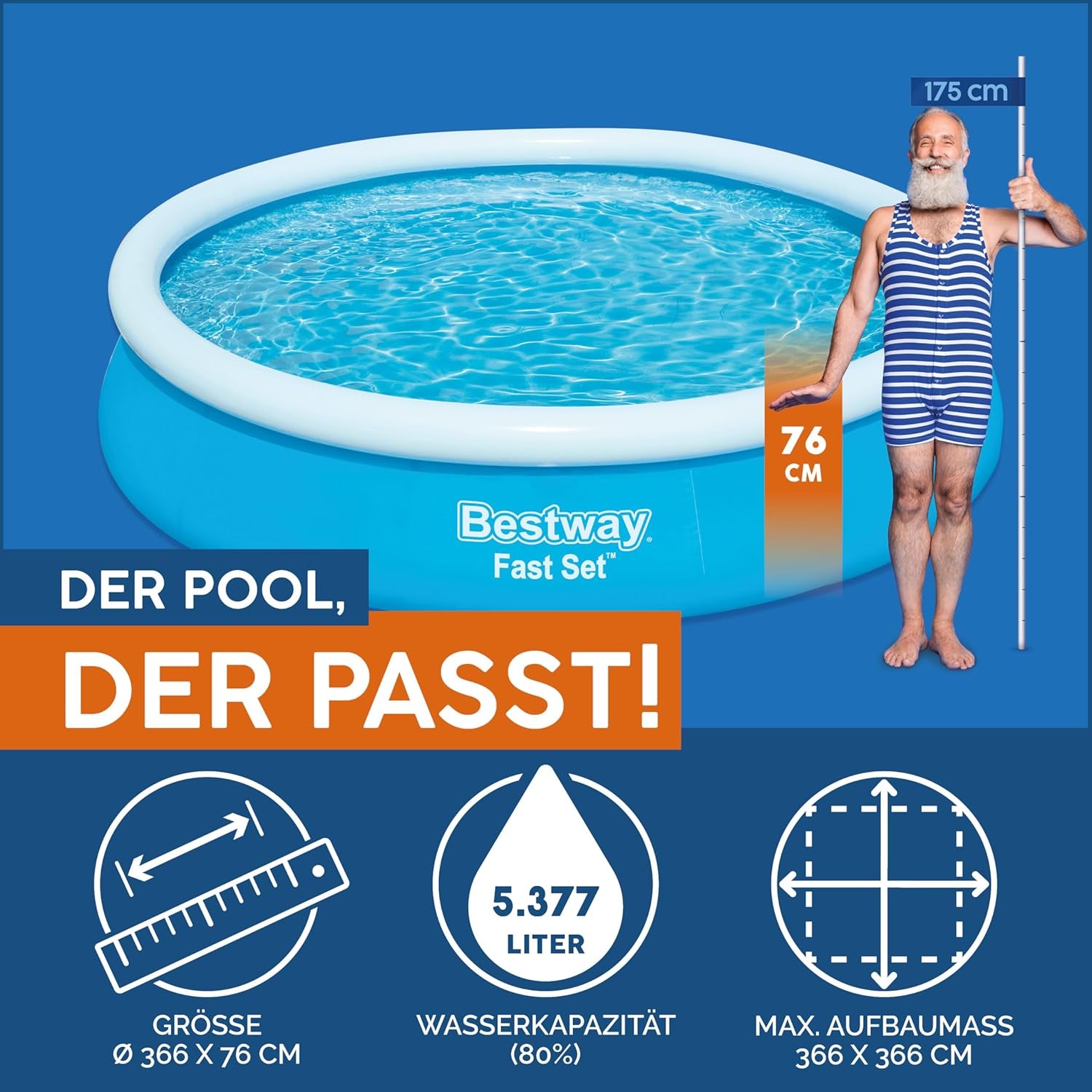 Bestway Fast Set pool, uden pumpe, blå, 366 x 76 cm, uden tilbehør