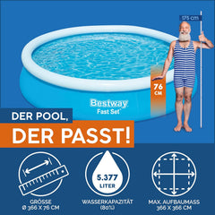 Bestway Fast Set pool, uden pumpe, blå, 366 x 76 cm, uden tilbehør