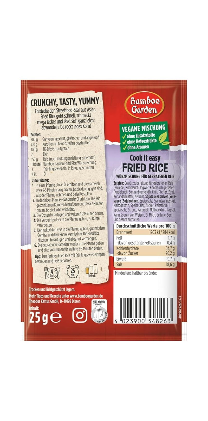Bamboo Garden - Fried Rice Würzmischung | Gewürz für gebratenen Reis | Til 4 portioner | Vegan, ohne Hefeextrakte, ohne Aromen | 25 g i pose