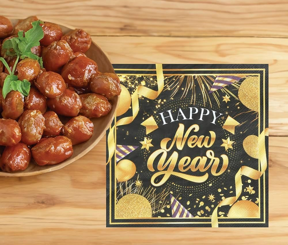 | 20 Șervețele Happy New Year (16X16 Cm) - Decorațiuni de masă pentru petreceri de Revelion - Ideal pentru evenimente și sărbători - Negru și auriu
