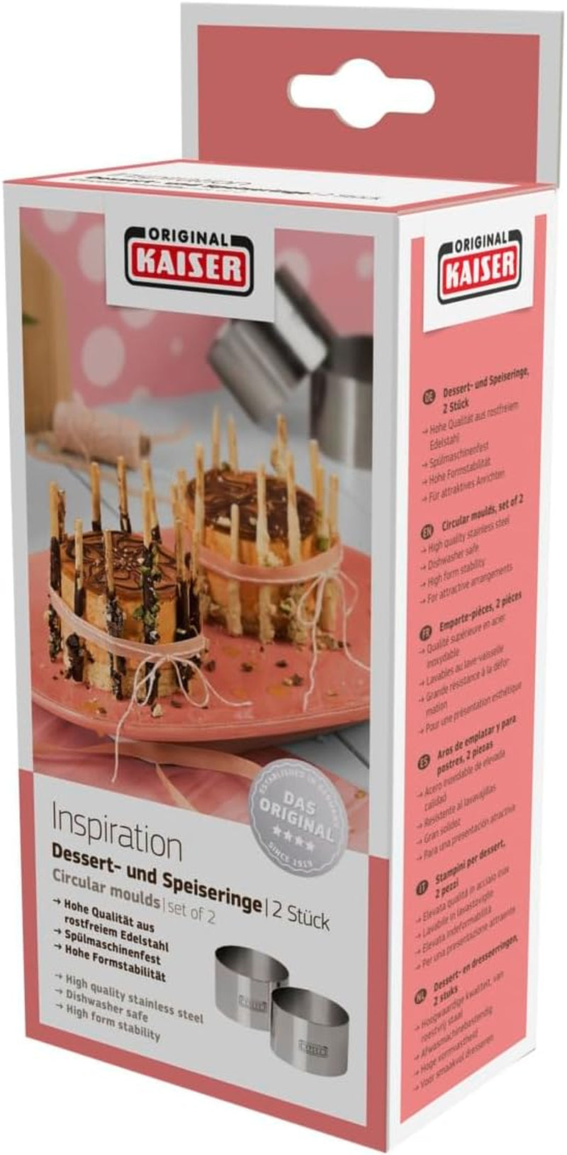 Set original de inele pentru desert Kaiser Inspiration, 2 piese, inele de servire, oțel inoxidabil, 8 cm, inele pentru alimente, pentru o prezentare atractivă, lavabile în mașina de spălat vase, argintii