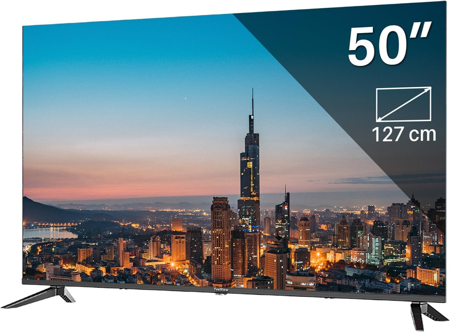 TEEVIEW Google Smart TV | QLED 4K UHD | 50”/127cm | Design fără ramă | Tuner triplu DVB-T/T2/S/S2/C | HDMI x3, USB x2, CI+ | Control vocal și aplicații de streaming | Asamblat în Eindhoven | TV50QQG-EU