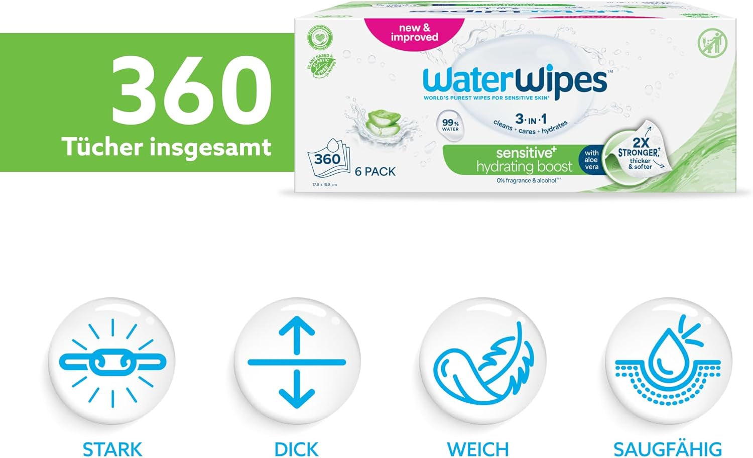 WaterWipes Sensitive+ Hydrating Boost vådservietter, hydrerende servietter, 360 stykker (6 pakke), 3 i 1 rene, pleje, hydrere, 99 % aloe vera vand, uparfumerede babyservietter
