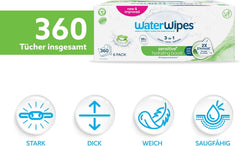 WaterWipes Sensitive+ Hydrating Boost vådservietter, hydrerende servietter, 360 stykker (6 pakke), 3 i 1 rene, pleje, hydrere, 99 % aloe vera vand, uparfumerede babyservietter