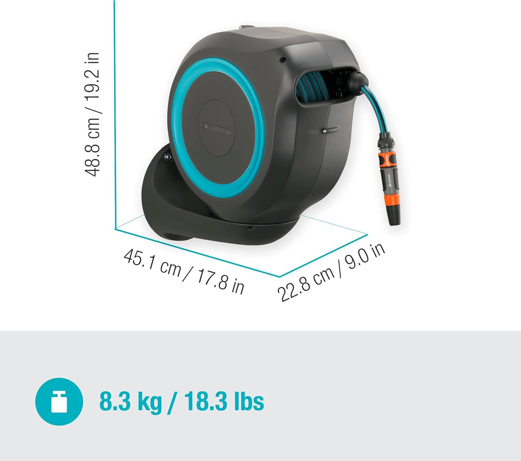 Cutie de furtun de perete Gardena RollUp M (turcoaz) 20m: Irigații flexibile pentru grădini de dimensiuni medii, tambur de furtun rotativ, cu suport de perete, componente ale sistemului și duză de pulverizare, inclusiv furtun de 20m (18610-20)