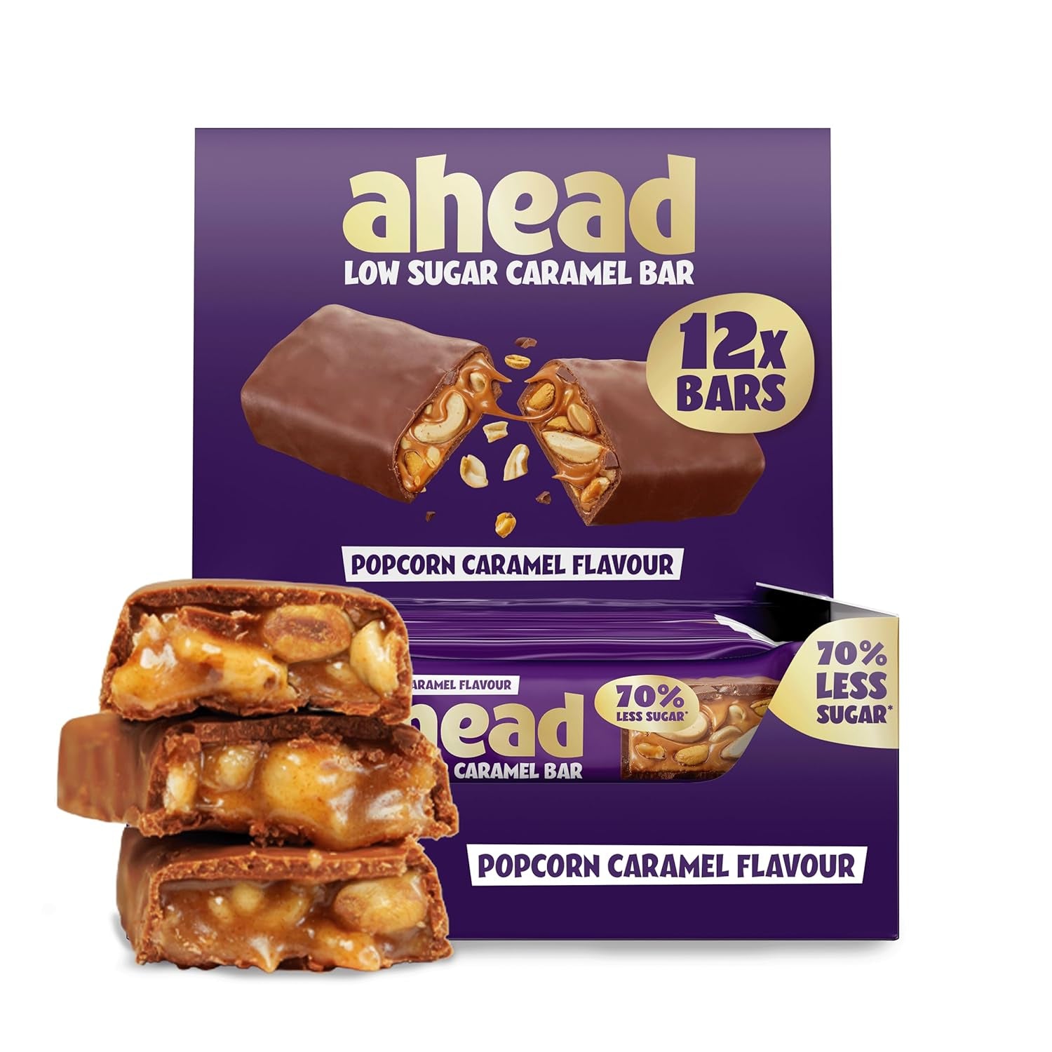 Karamelhasselnøddechokoladebarer forude | 12 chokoladebarer x 35 g uden tilsat sukker | 1,9 g sukker pr. bar | Sprød hasselnød og karamel smag | Low Carb slik | Ingen palmeolie