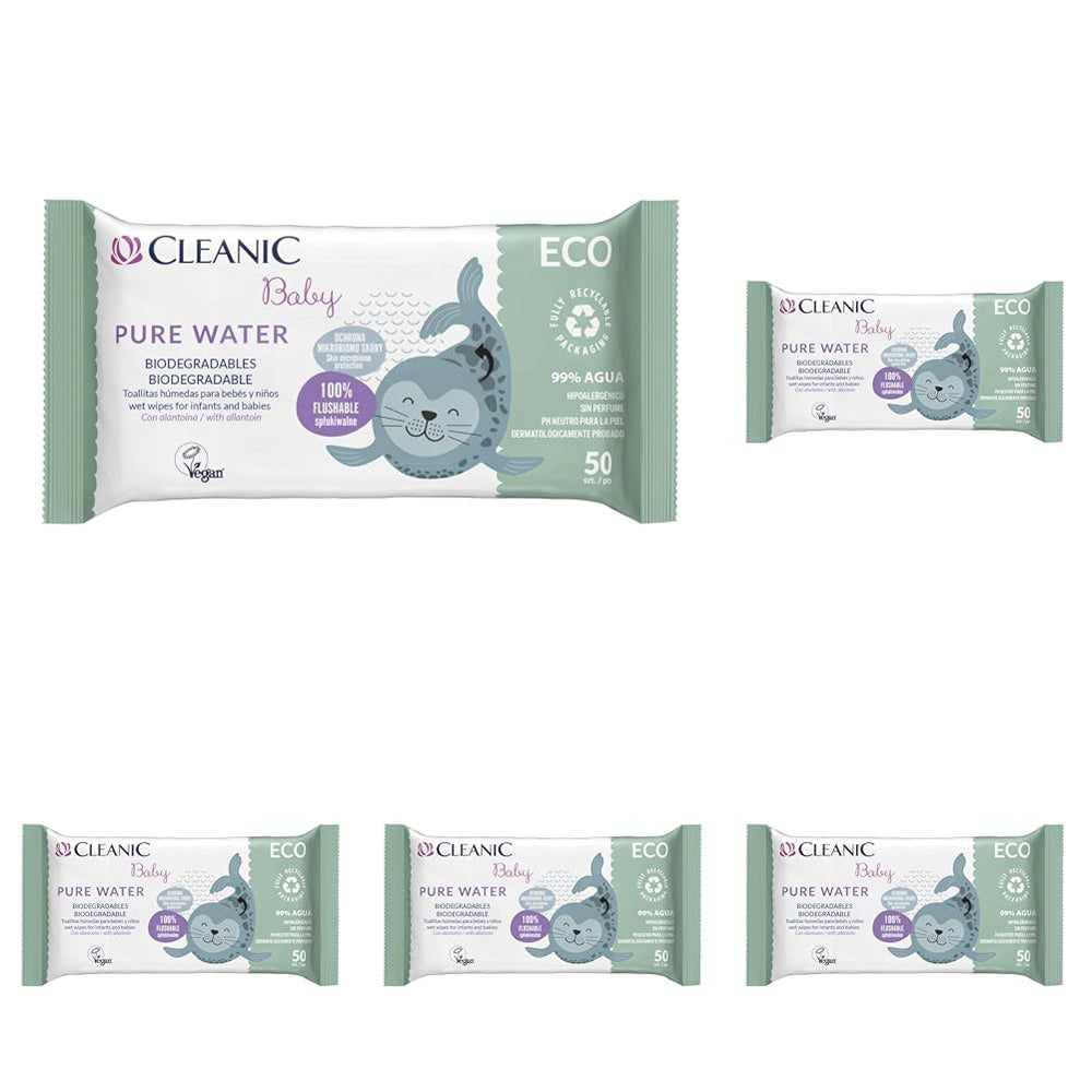 Cleanic Baby Eco Pure Water Wet Wipes – (1 x 50 stk.) Vådservietter til børn og spædbørn – parfumefri, skyllebar, følsom hud – 50 stk.