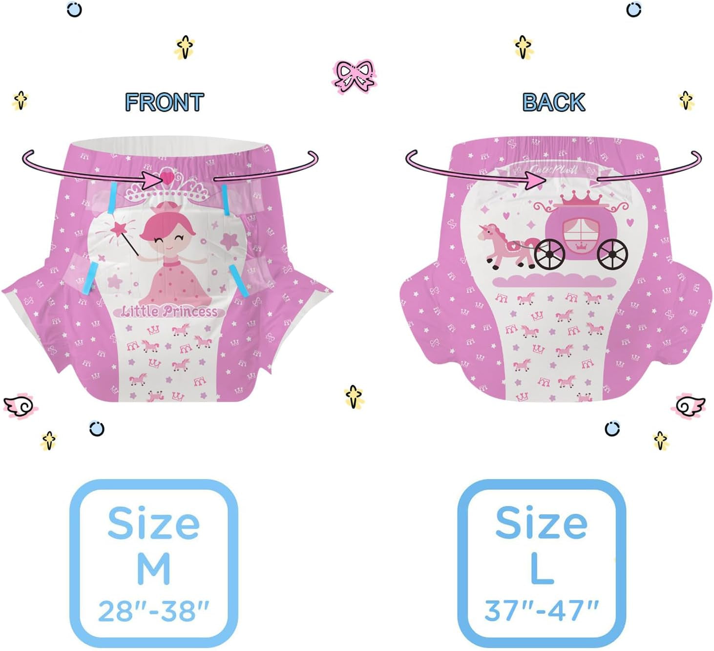 CutiePlusU voksenbleer, 10 stykker, engangsinkontinenstrusser med lagen til kvinder og mænd, maksimal absorptionsevne natten over - lille prinsesse (stor størrelse 94-119 cm)