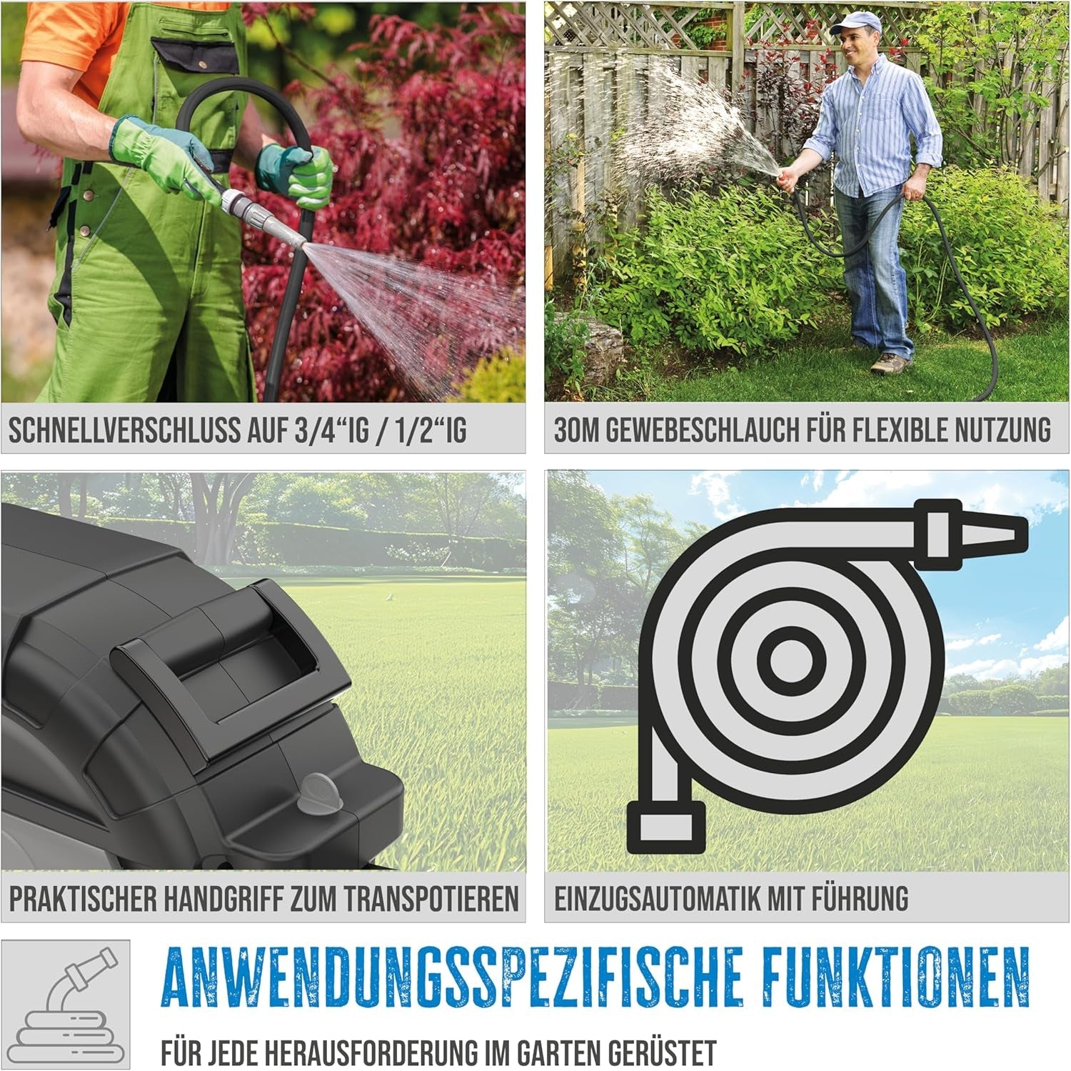 Rolă automată pentru furtun Güde 30-2-2 1/2 (rotație la 180°, pentru montare pe perete, furtun de 30 m, pulverizator de apă, suport de perete, retragere automată, opritor retragere, mâner de transport, 2 cuplaje rapide)