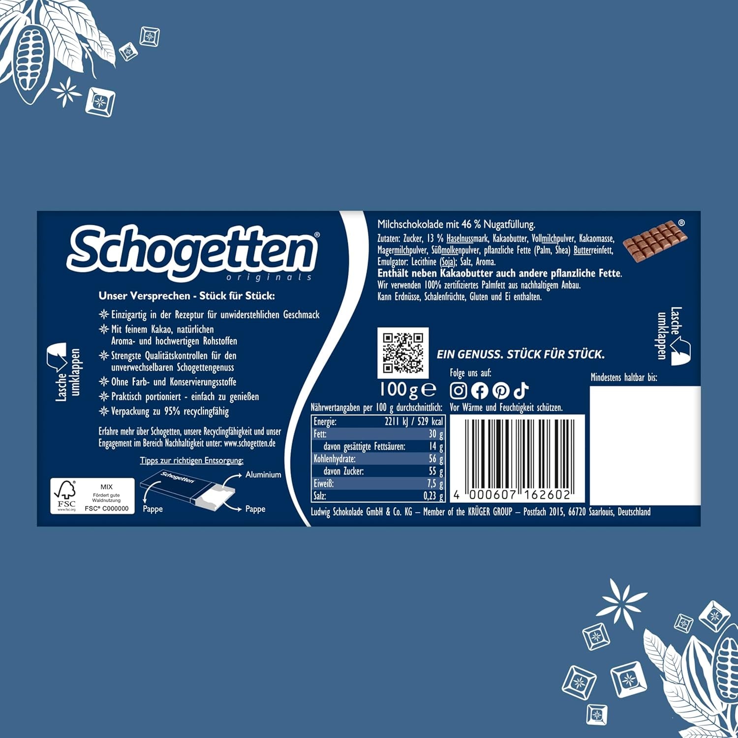 Schogetten Nougat chokoladebar 100g, portionsvis individuelt. En fryd. Stykke for stykke.