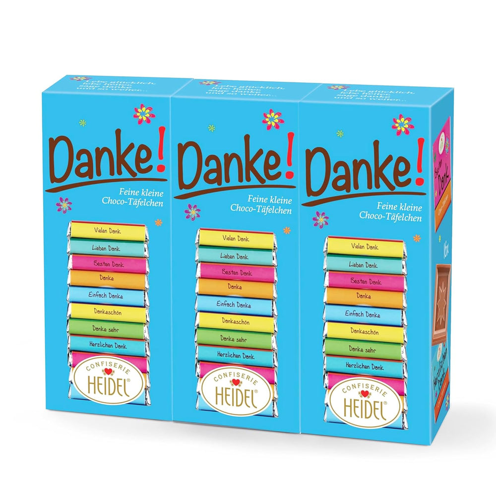 Heidel Thank You mælkechokoladebarer 3x80g, 16 minibarer á 5g pr. pakke, Forskellige udtryk for taknemmelighed, Udsøgt gaveidé