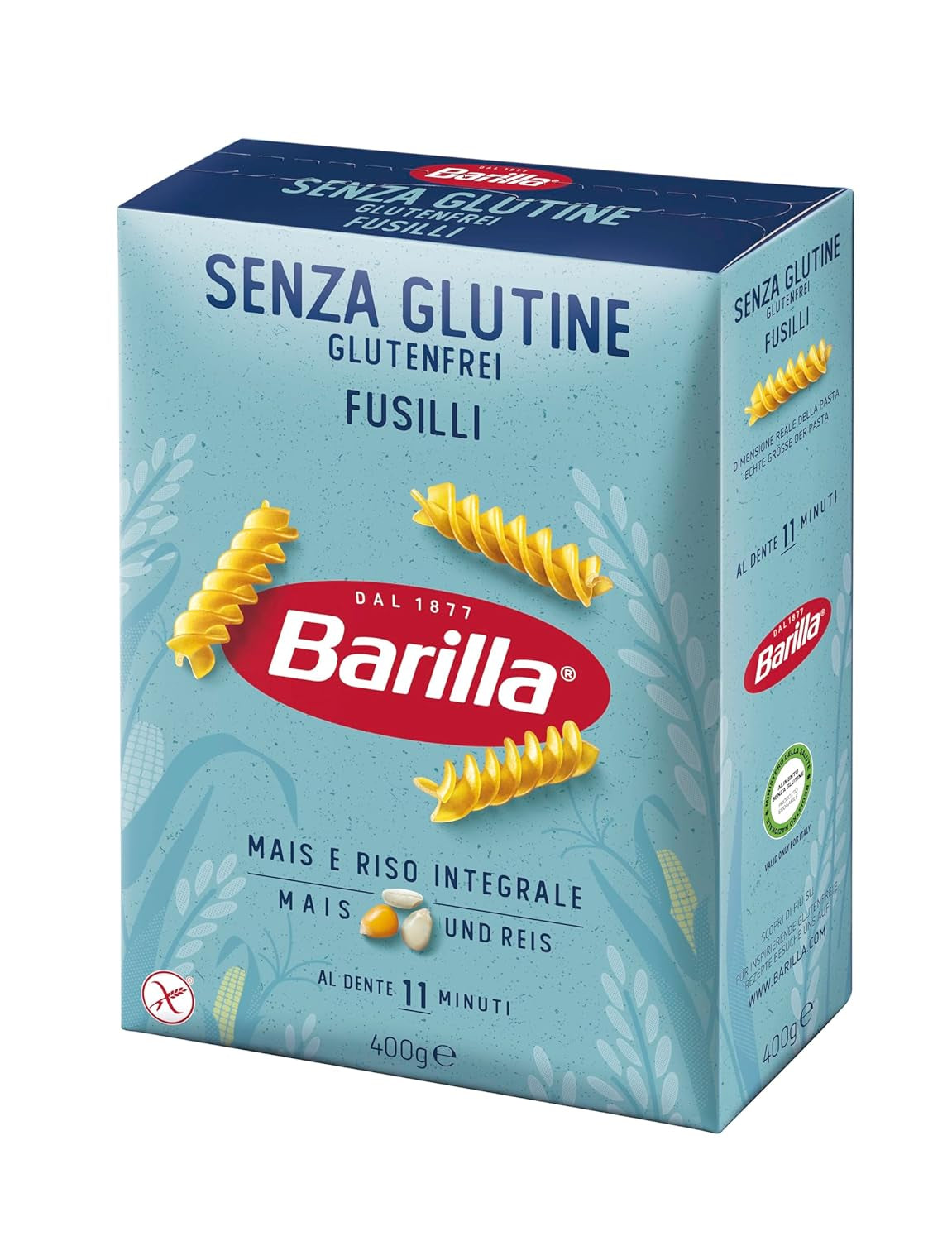 Glutenfri Barilla Fusilli pasta lavet af lækker majs og ris - perfekt til personer med cøliaki eller glutenintolerance 400g