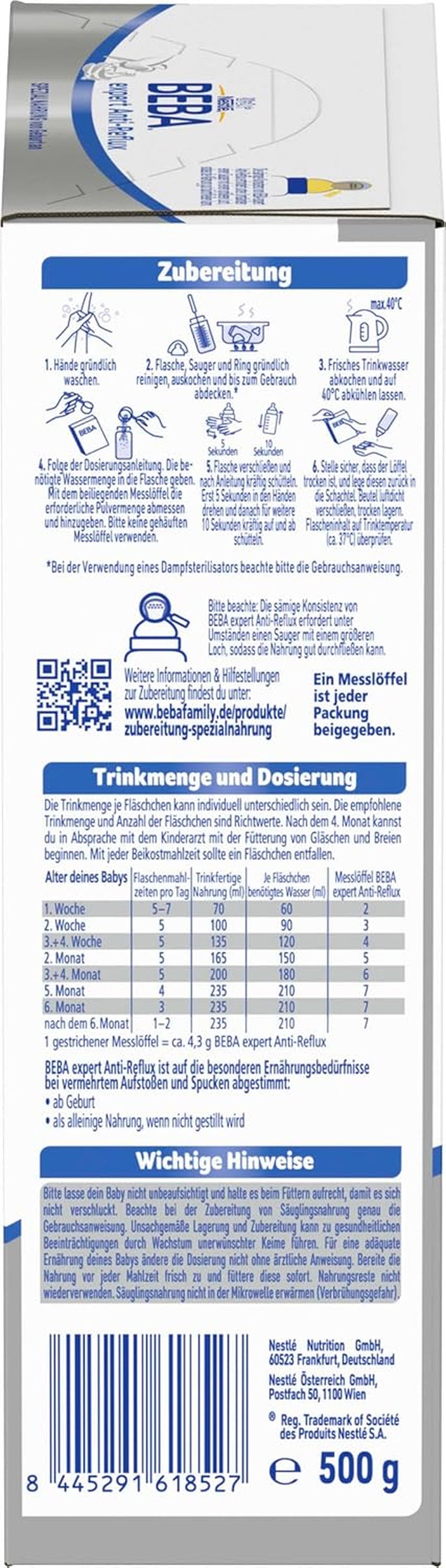 BEBA ekspert Anti-Reflux - AR Speciel formel fra fødslen, til øget bøvsen og opkastning, babymad, babymælkpulver, 1 pakke (1 x 500g)