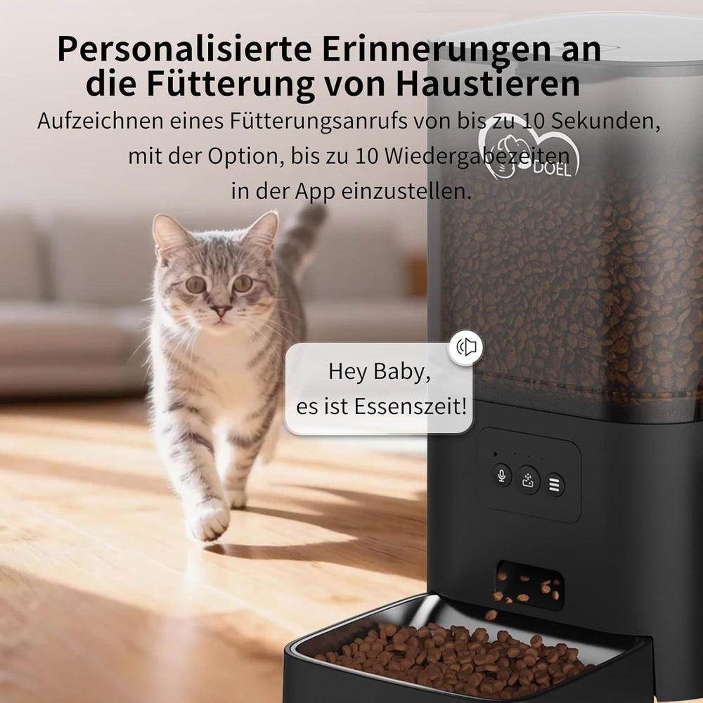 2-i-1-Automatik-Futter- og Wasserspender für Katzen, großvolumiger 6-Liter-Trockenfutterspender + 2,5-Liter-Wasserspender mit App-Steuerung, Sprachauzeichnung, zeitgesteuwerter Fütterung