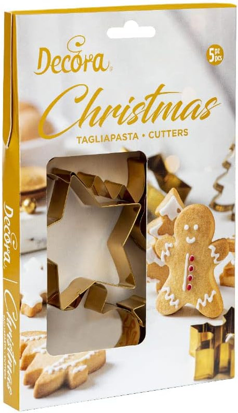 0255410 Forme de biscuiți de Crăciun, fabricate din oțel placat cu aur și plastic, setul ideal pentru decorațiuni din pastă de zahăr sau pastă de gumă, Fabricate în Italia, design original. Pachet de 5.