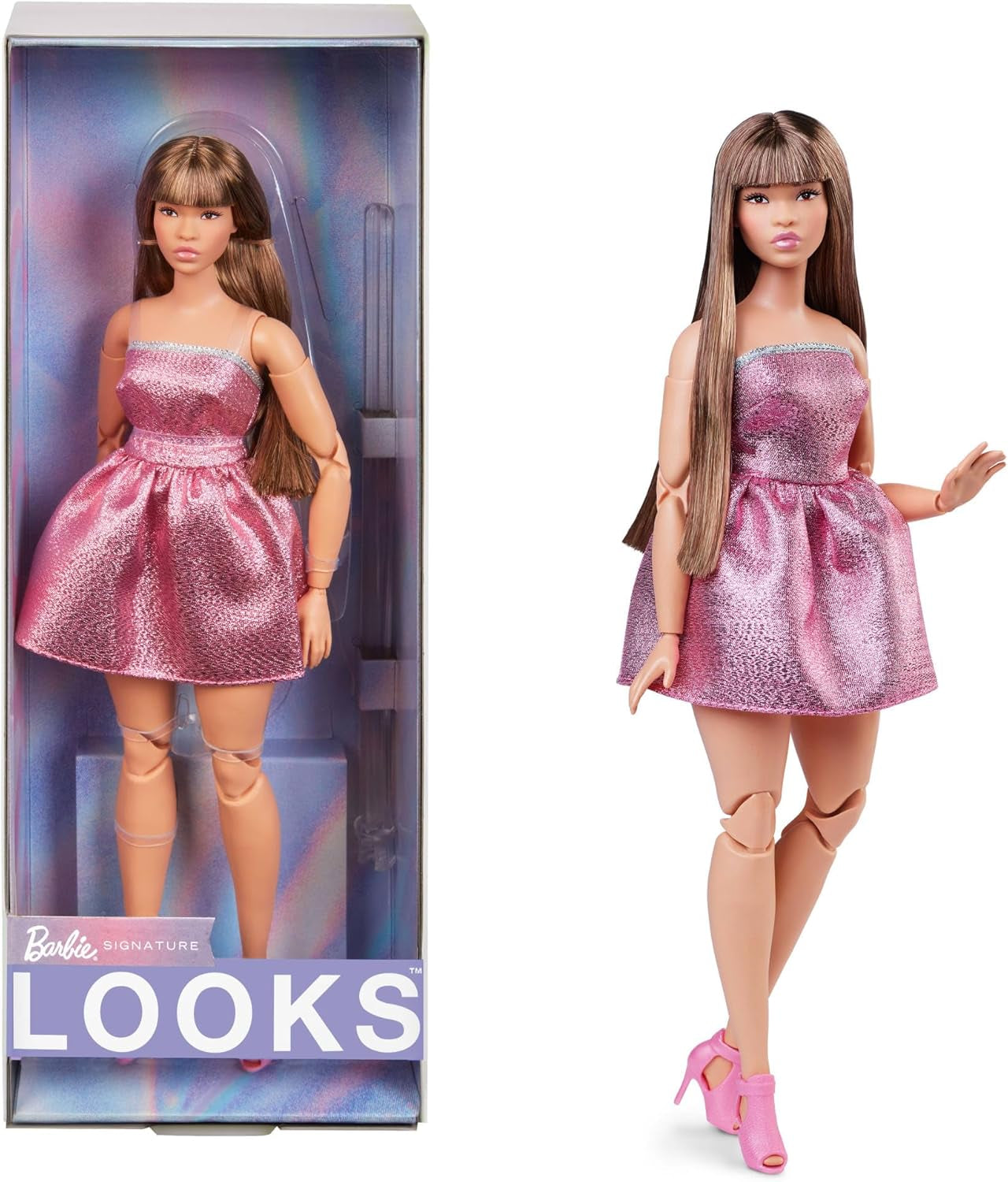 Barbie Looks Doll, figurină de colecție nr. 24 cu păr șaten și modă modernă Y2K, rochie strălucitoare fără bretele cu tocuri înalte Peep-toe, HRM16 Papusi Naty Shop Titlu implicit