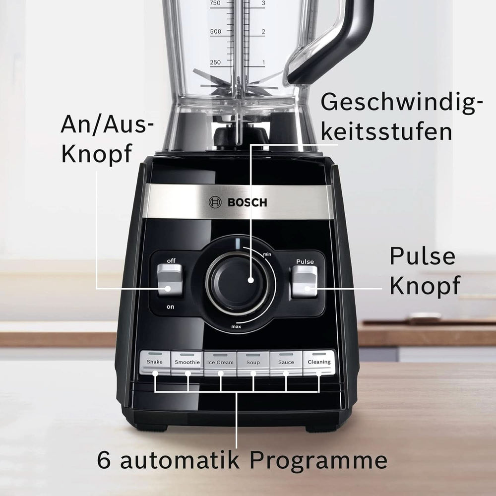 Bosch Standmixer Vitaboost MMBH6P6BDE, 6-Klingen-Edelstahlmesser, 2.5L Tritan-Mixbehälter, Stopfer, 6 Automatikprogram, Rezeptbuch, Bpa-Frei, Einfache Reinigung, 45.000 U/Min, 1600 W, Schwarz Bucatarie Naty Shop