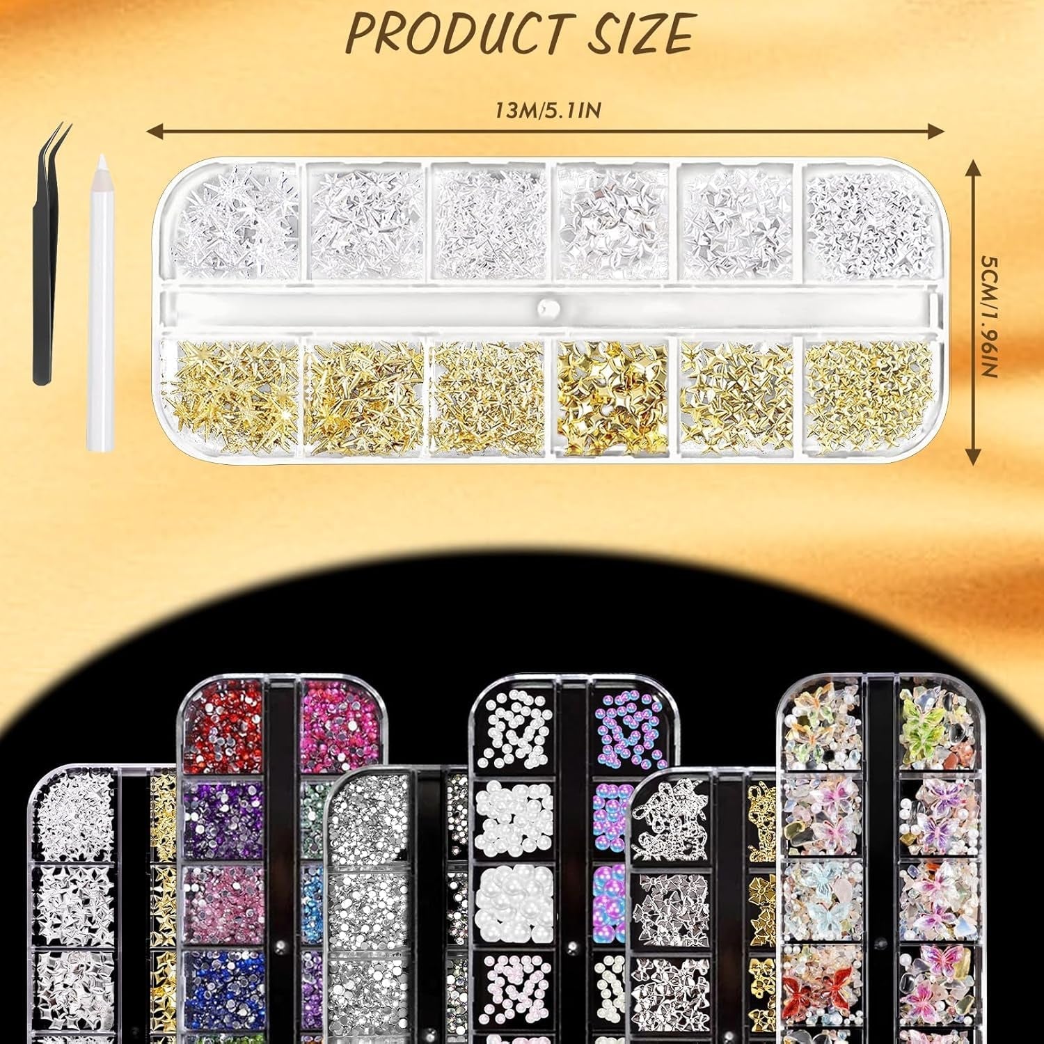 Nail Charms,6 Boxen Gold Silber Nagel Charms 3D Gold Bogen Stern Nail Art Dekoration+6200 Strasssteine Bunt Steine AB Perlen Diamanten,3D Legierung Bow Nail Gems Nagel Deko Für Frauen Nagel (6-A)