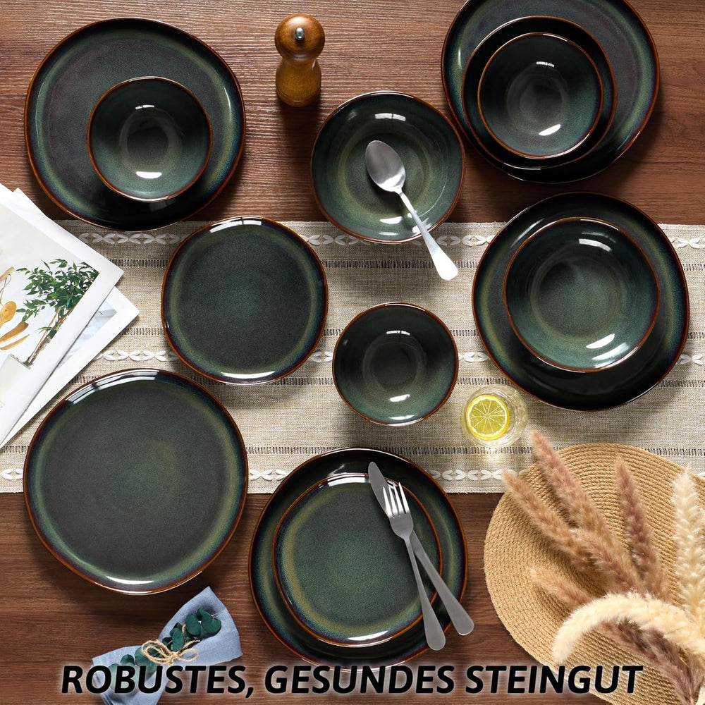 Set de veselă pentru 6 persoane, set de servire din gresie ceramică cu 24 de piese, set de veselă rotund neregulat cu farfurii, farfurii de desert, boluri pentru cereale, potrivit pentru cuptorul cu microunde și mașina de spălat vase, verde tundra reactiv