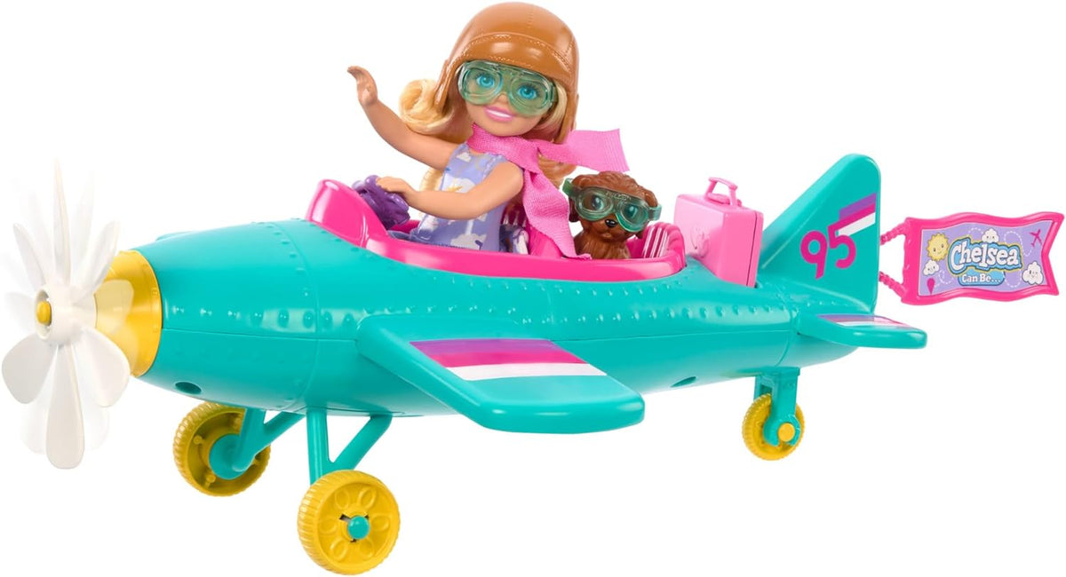 Păpușă Barbie Chelsea Avion și Set de Joacă - Păpușă Pilot, Avion, Cățeluș și Accesorii pentru Povestiri, Roți Rotitoare și Elice în Formă de Floare, Vârste 3+, HTK38