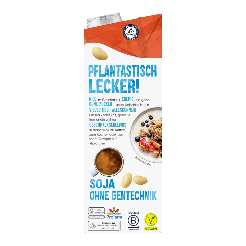 Alpro Sojadrink – Vegan und Milchfrei – Von Natur aus laktosefrei und fettarm – Rich and pflanzlichen Proteinen, inhalt Calcium and Vitamine – 8 x 1 L – Haltbar