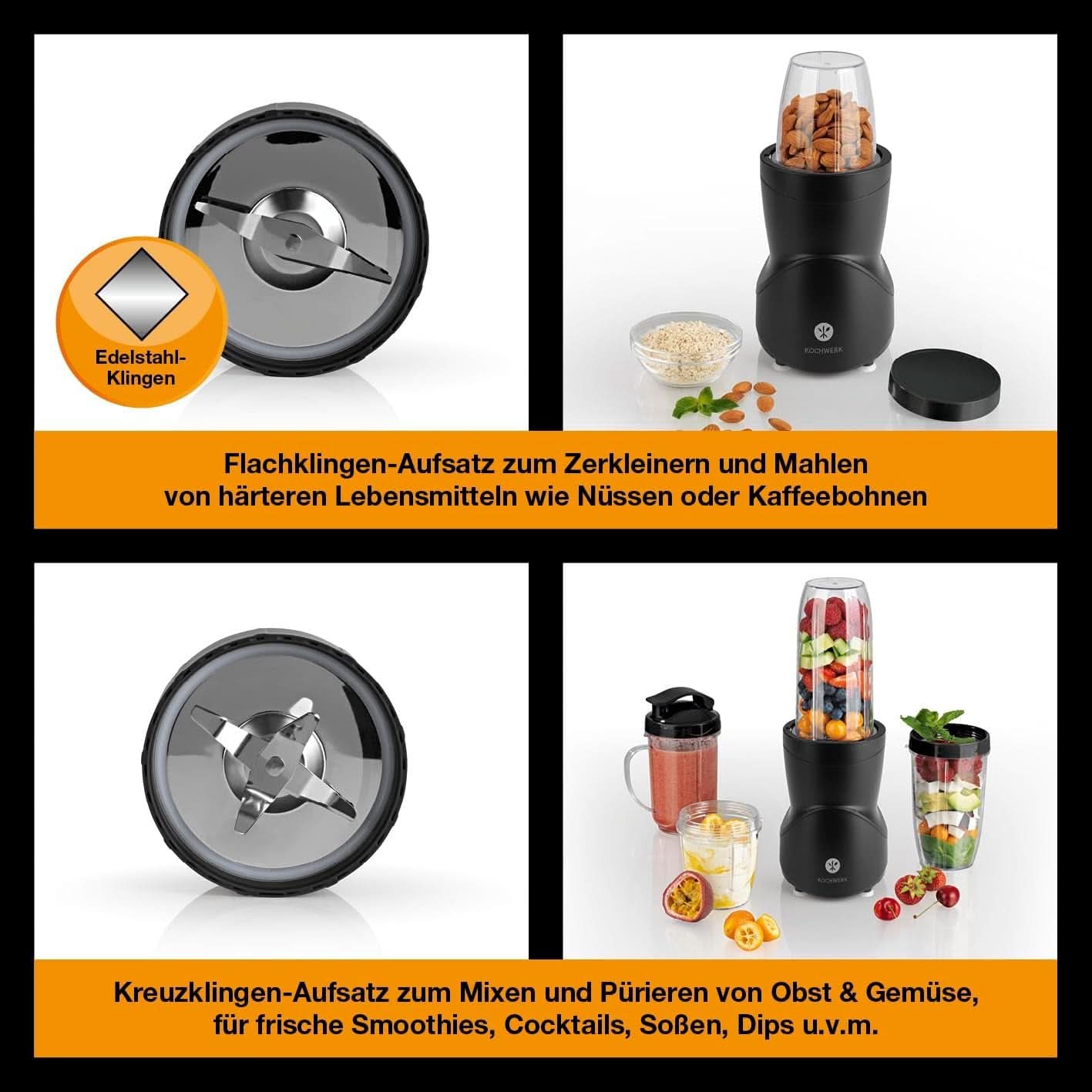 Smoothie Maker 12-Tlg | To-Go Deckel & 4 Mixbeholdere | Für Obst, Gemüse & Nüsse | Myte Ice-Crush Funktion | Mini-Standmixer Zum Mixen, Rühren, Zerkleinern, Mahlen, Hacken & Pürieren | BPA-fri Kitchen Naty Shop