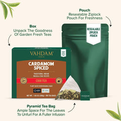 VAHDAM Ceai Chai Masala cu cardamom | 100 pliculețe piramidale | Ceai negru indian cu cardamom măcinat | Amestec original Chai cu cardamom din India | 100% natural