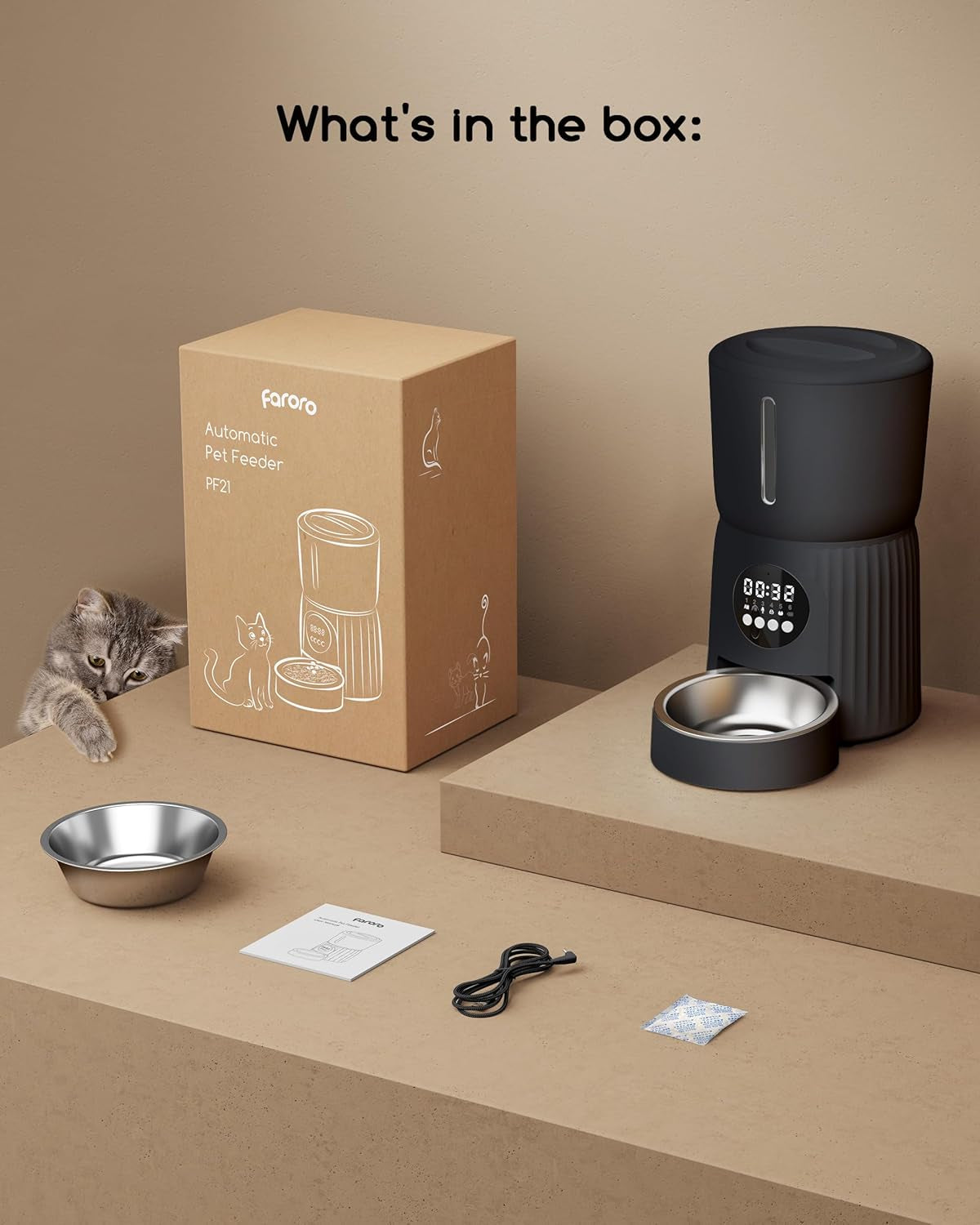 Faroro Futterautomat Katze, 4L Katzenfutter Automat, Futterspender Katze Mit 1–6 Mahlzeiten Per Tag, Portionskontrol, 10s Sprache, Langsames Füttern (Schwarz)