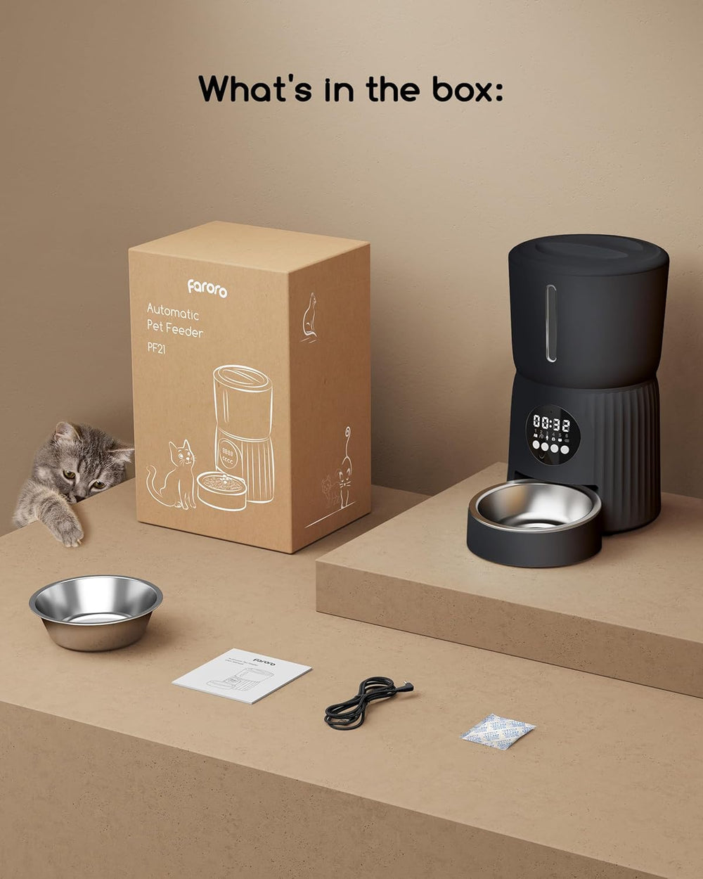Faroro Futterautomat Katze, 4L Katzenfutter Automat, Futterspender Katze Mit 1–6 Mahlzeiten Per Tag, Portionskontrol, 10s Sprache, Langsames Füttern (Schwarz)