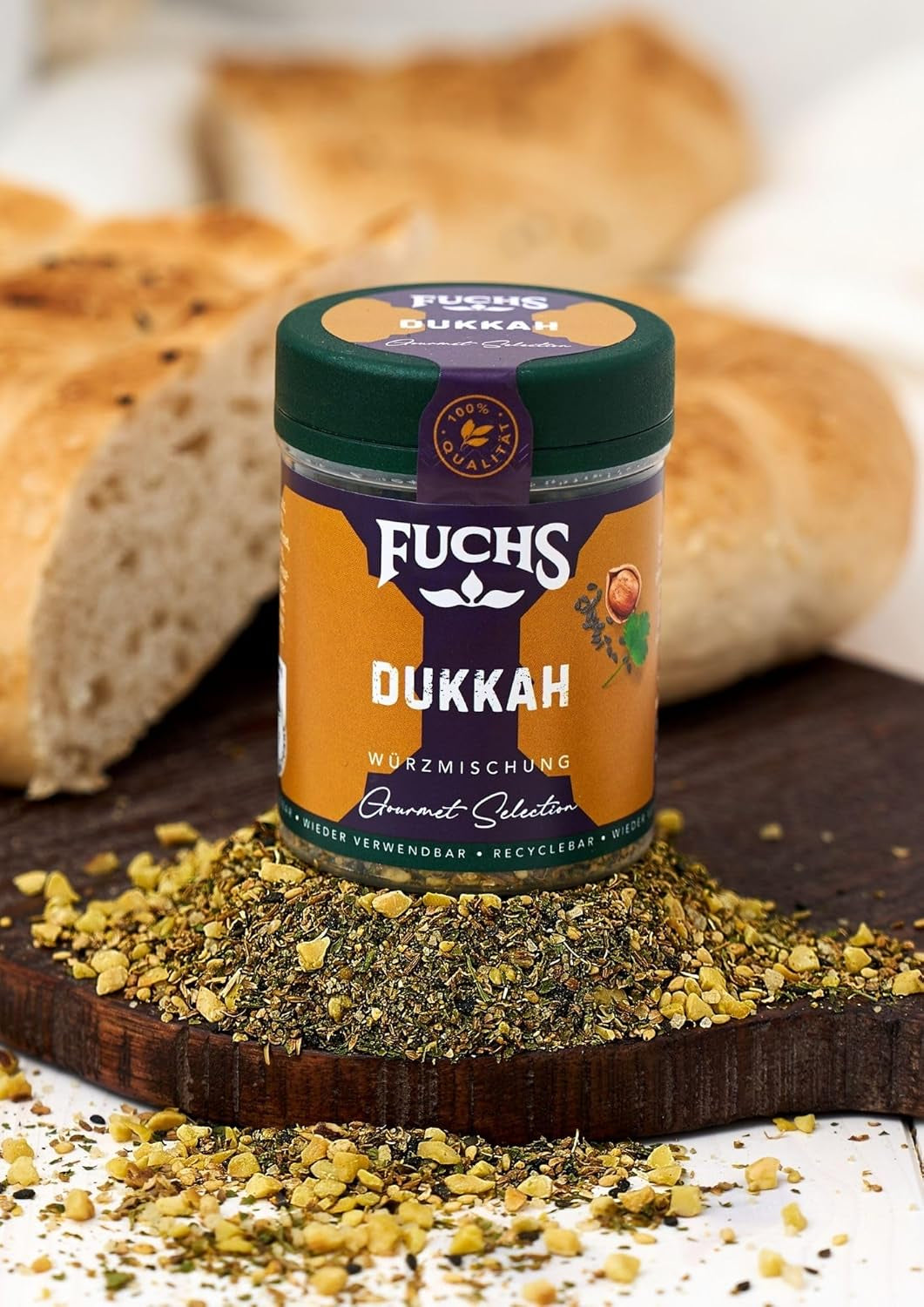 Fuchs Gewürze Gourmet Selection Naher Osten-Afrika – Dukkah Gewürzmischung, nachfüllbarer Gewürz Mix, zum Verfeinern von Fisch und Lamm, vegansk, 50 g